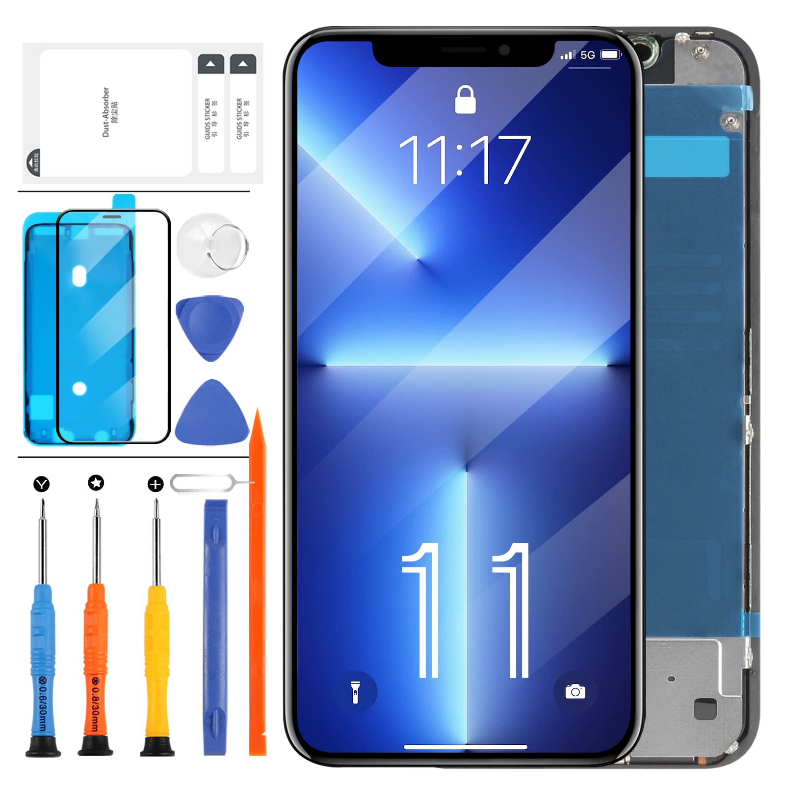 Zamiennik ekranu LCD kompatybilny z iPhone 11 6,1 cala (model A2111, A2223, A2221), wyświetlacz LCD 3D, ekran dotykowy, zestaw naprawczy z narzędziami + szkło hartowane (AMOLED czarny)