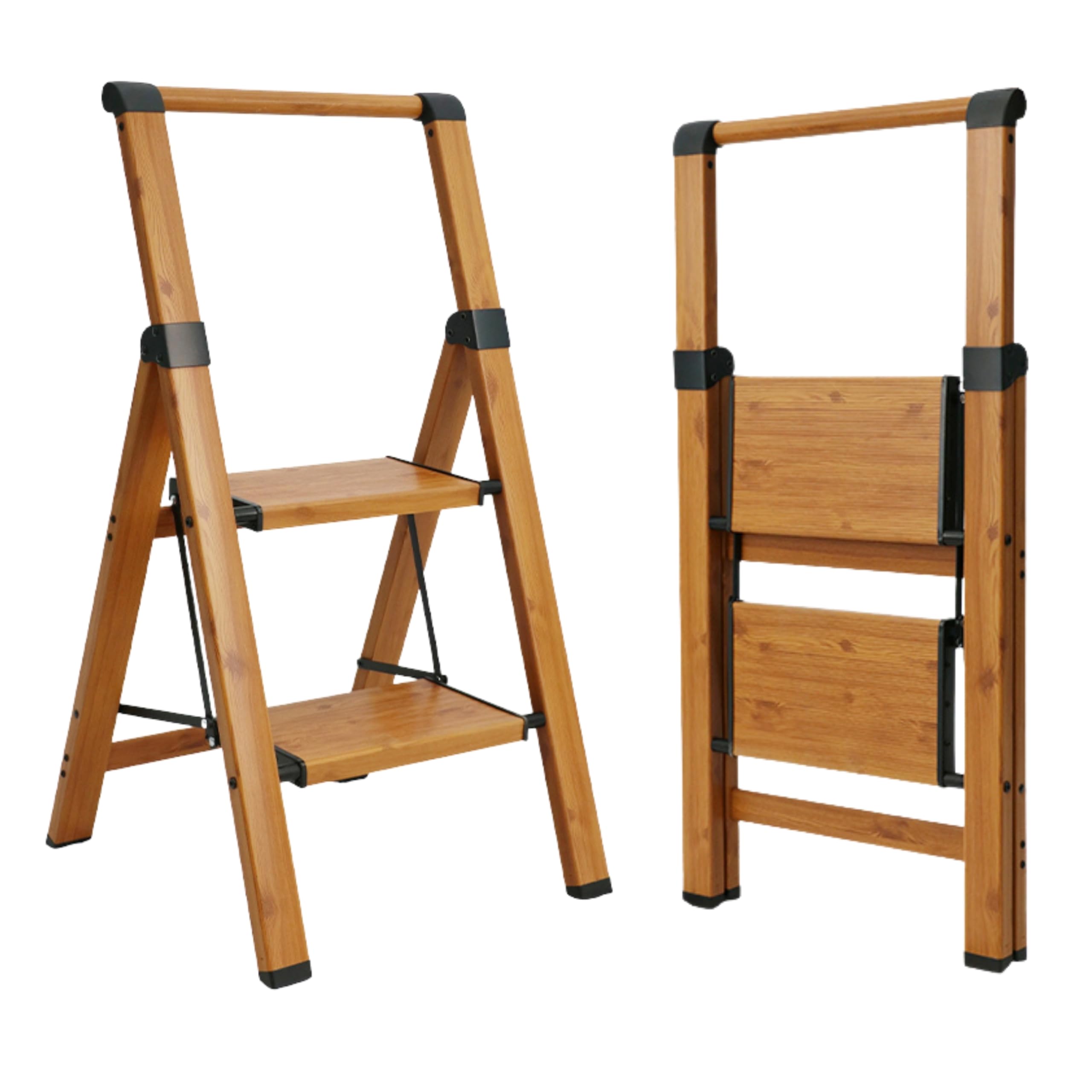 Escalera Plegable de Aluminio Efecto Madera para hogar y Cocina, 2 peldaños, peldaños Anchos Antideslizantes, EN 131