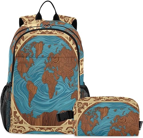 Mochila de mapa del mundo antiguo para la escuela con bolsa de almuerzo Mochila escolar para niños con lonchera 10-12 mochilas y loncheras escolares
