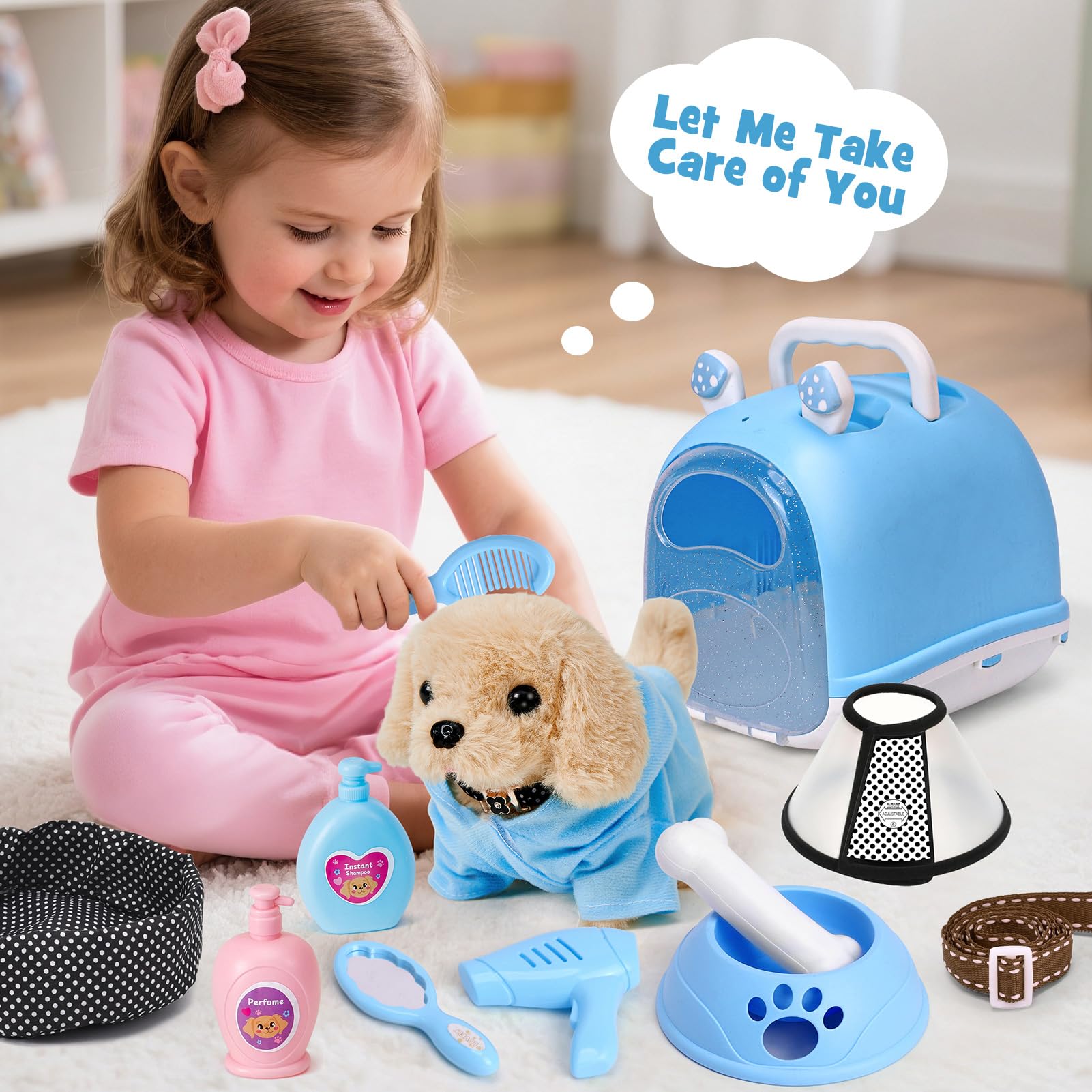 Tacobear Chien Jouet Enfant avec Mallette de Transport Manteau Laisse, Peluche Chien Robot Qui Marche et Aboie Animaux Électronique Interactif Jouet pour 3 4 5 6 Ans Fille Garçon Cadeau