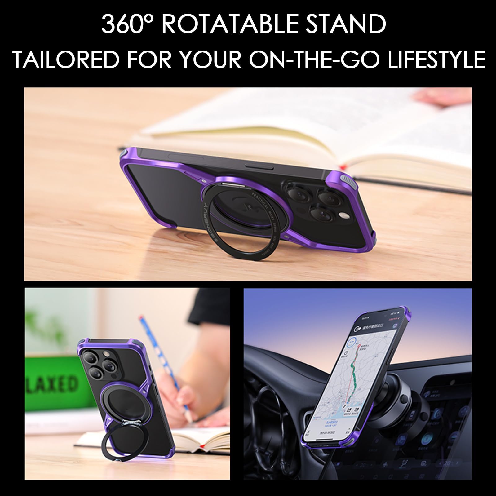 Estuche para iPhone 16/16 Pro/16 Pro MAX, Ultrafino, De Aluminio, Sin Marco, con Disipación De Calor Y Soporte Giratorio De 360 ​​Grados, Tacto Elegante Y Tacto Suave,16,Purple