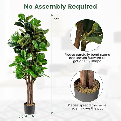 Miniatura 7 de Happygrill Árbol de vegetación artificial de 5 pies, plantas de higuera de hoja de violín falsa para interiores en maceta, árbol de ficus lyrata