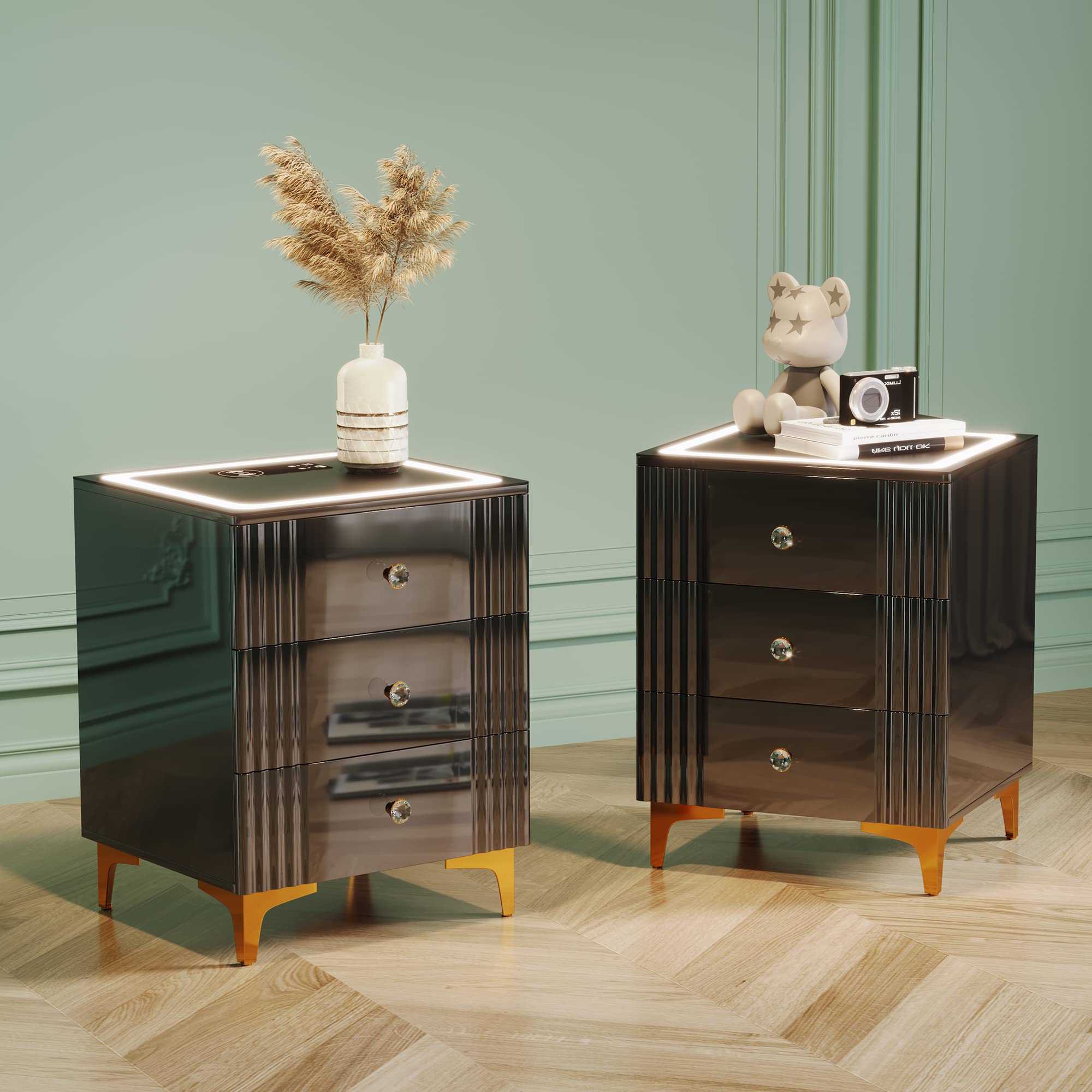 dnbss LED Nightstand Set of 2, Night Stand with Wireless Charging Station, Smart Bedside Table with 3 Storage Drawers for Bedroom, Modern End Side Table with Glass Top, Gloss Black