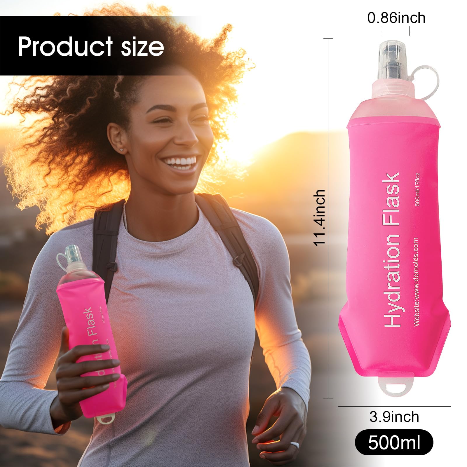 WILDREEDS Weiche Thermosflasche, 500 ml, TPU, faltbar, weiche Wasserflasche für Trinkrucksack, Laufweste, faltbare Wasserflasche zum Wandern, Radfahren, Klettern, 1 Stück, Rosa
