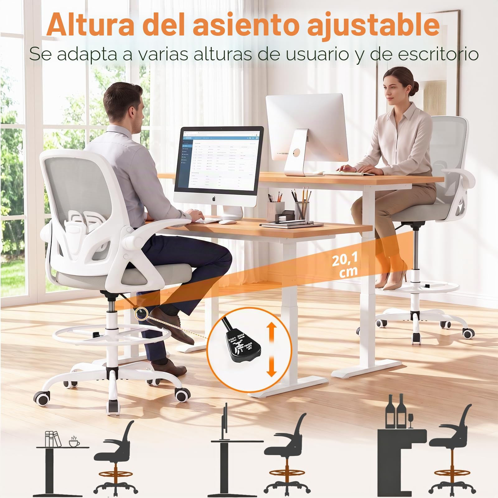 ORRSAKER Silla de oficina alta con brazos abatibles, silla de escritorio ergonómica de malla con anillo de altura ajustable y soporte lumbar, capacidad de 300 libras, color gris