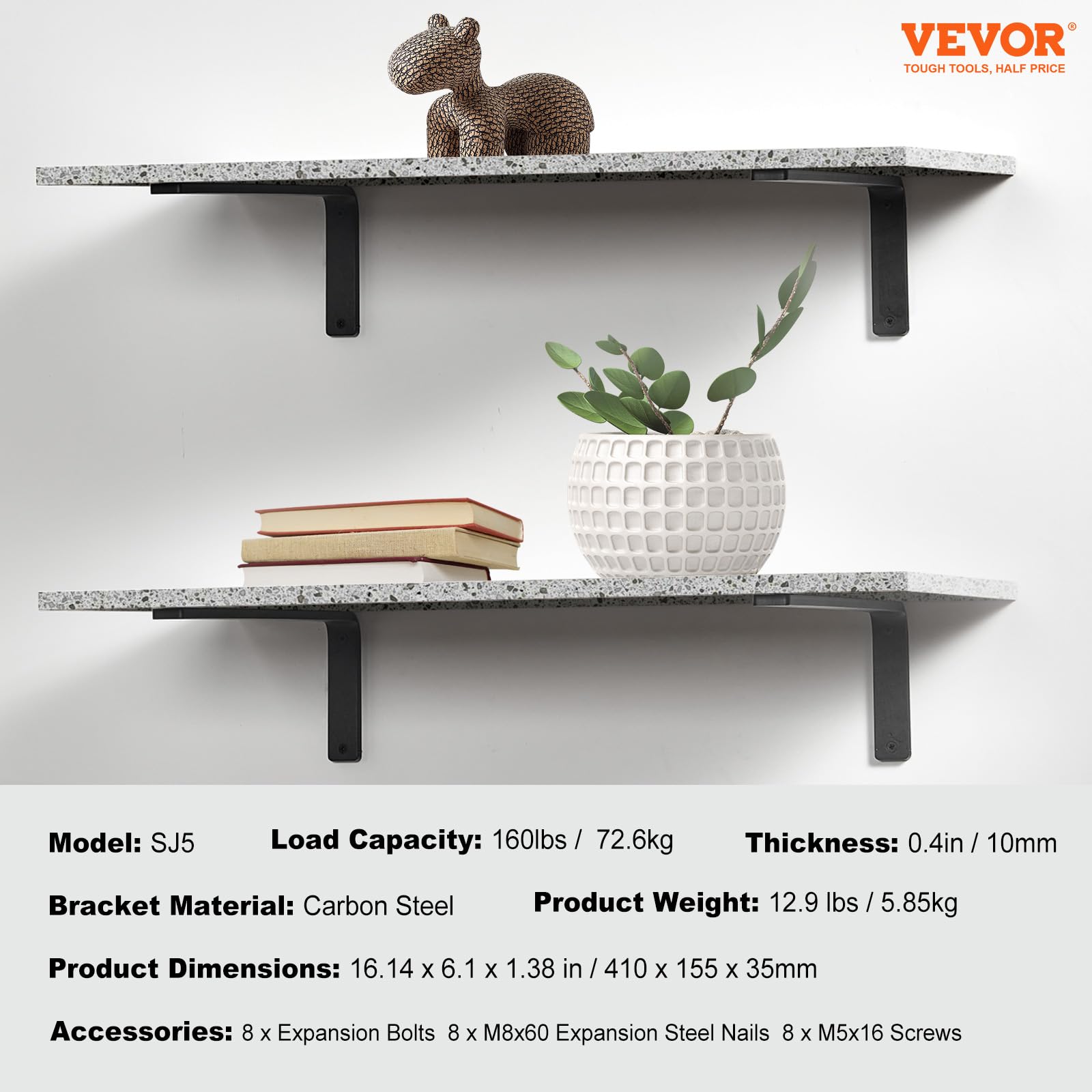 VEVOR Wspornik półki, 40 x 15 cm, 4 szt., wytrzymałe wsporniki do półek, grubość 10 mm, matowy czarny wspornik półki L, stalowe wsporniki do regałów o udźwigu 72,6 kg