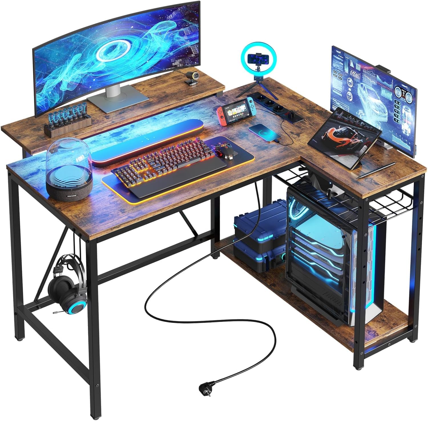 Bestier Scrivania a Forma di L con Prese di Corrente e Luci a LED Scrivania ad Angolo con Ripiani Scrivania per Computer Reversibile con Ganci per Casa Ufficio Camera da Letto Piccolo Spazio 106,5 cm
