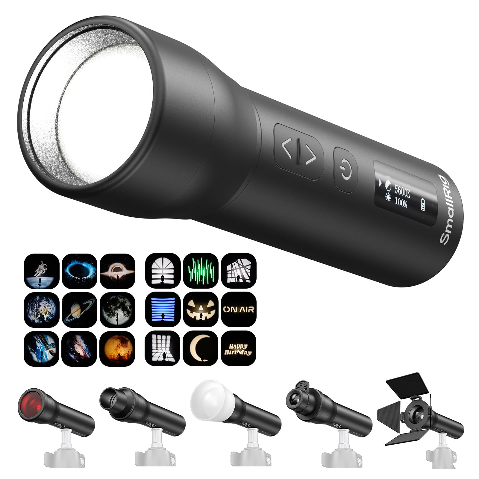 SMALLRIG Linterna LED Portátil RF 05B para Fotografía 1900K-8000K, 2600mAh 5W-8W, Luz de Video Zoom con GOBO, Filtros, Barndoor, Spotlight, Snoot, Difusor, IP65-6137 - 2