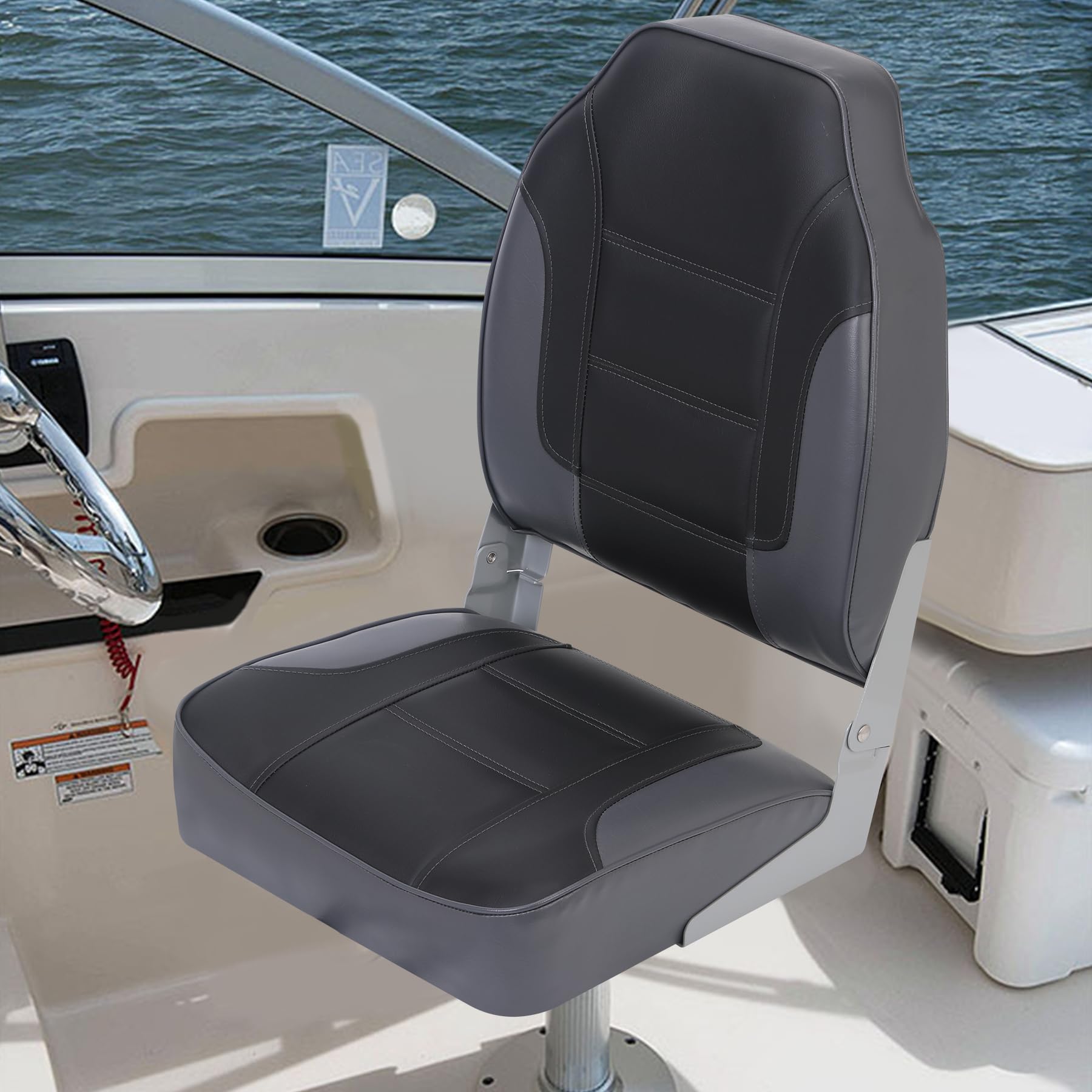 Set 2 Sedili Barca Pieghevoli Schienale Alto - Imbottitura Spessa Ergonomici - Fissaggio Acciaio Inox Impermeabili - Ideali per Pesca, Pontoon, Yacht - Colore: Grigio scuro