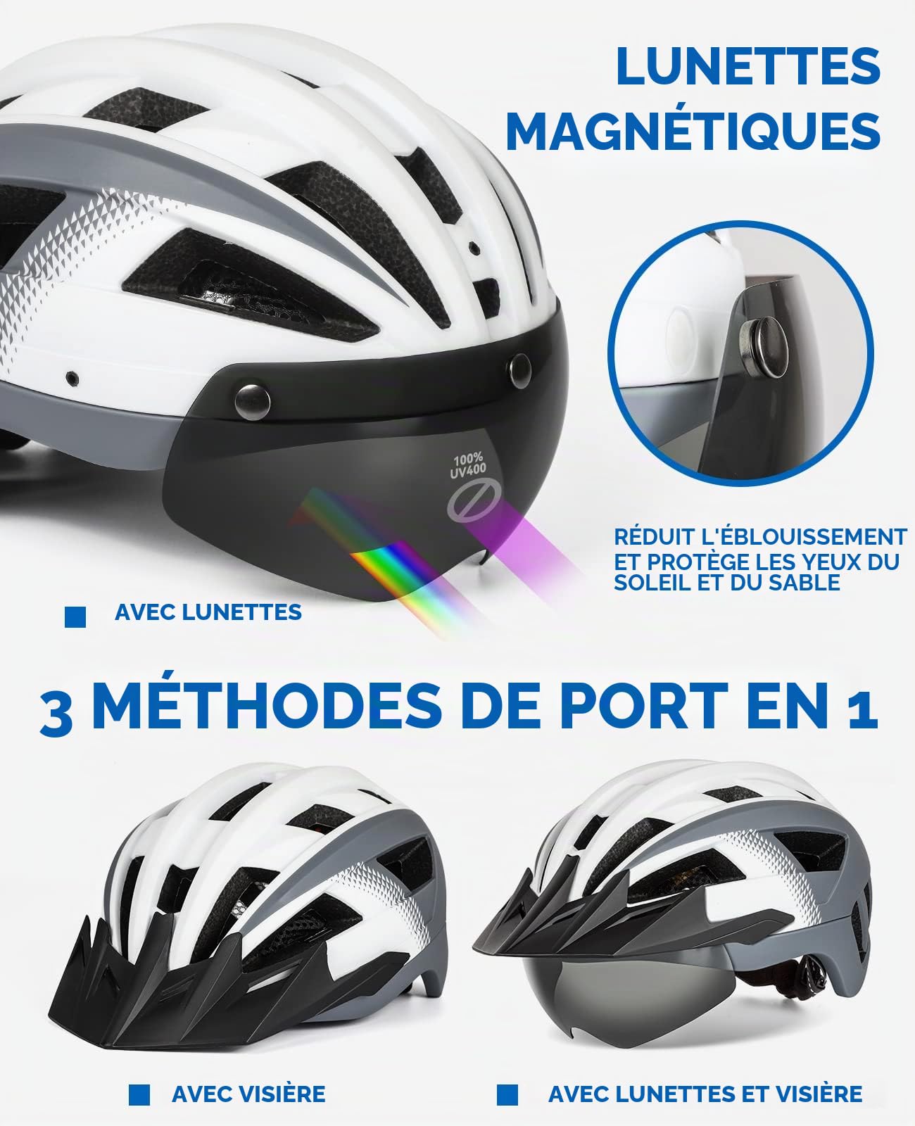 Casque Velo Homme Femme avec Visiere et Lunettes Détachables, Casque Vélo Casques VTT avec Feu Arrière à LED Rechargeable, Casque Cyclisme pour Adulte et Adolescent (M: 54-58 cm, Blanc Gris)