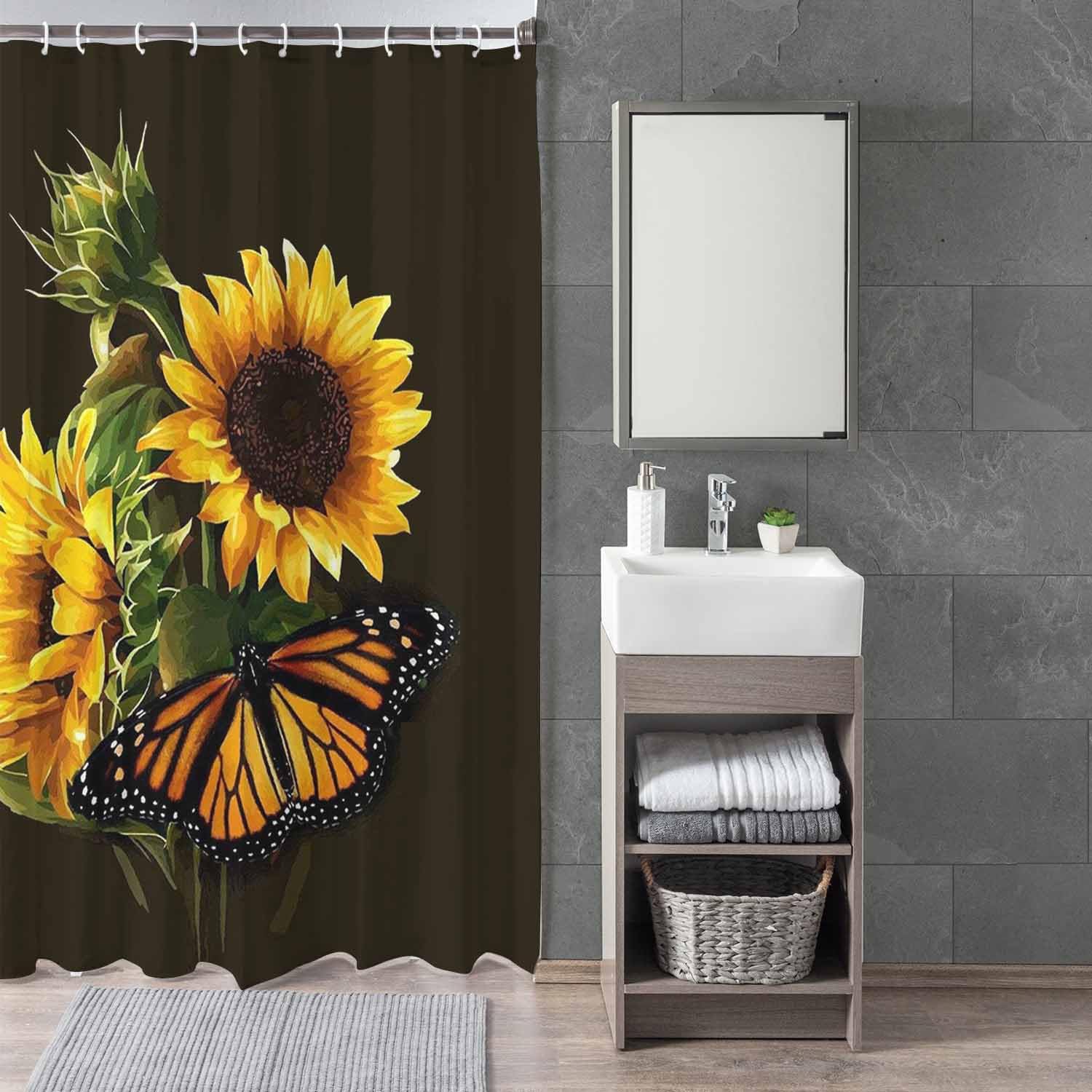 Woutay Shower Curtain Water Repellant Fabric Yellow Sunflower and Butterfly,Mould Proof Resistant,Polyester,with 12 Plastic Hooks - Image 3