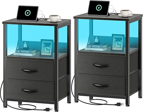 Juego de 2 mesitas de noche con cajones de tela, mesa auxiliar con estación de carga, mesita de noche LED con puertos USB y tomas, mesa auxiliar