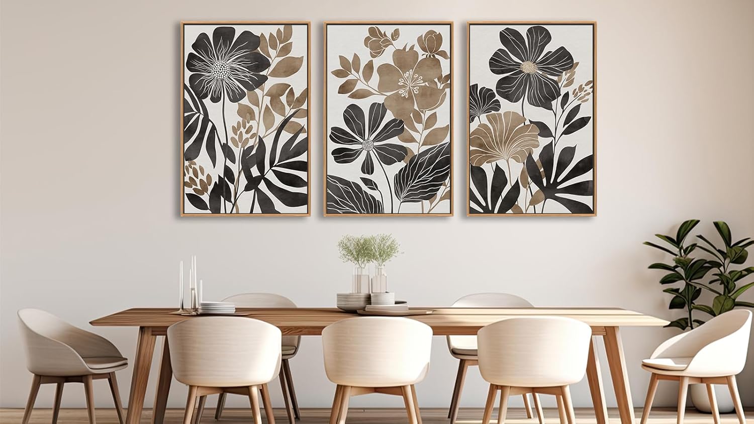 Large Framed Canvas Wall Art - Natural Float Framed Rustic Black Flowers Leaves Pictures Decor Brown Floral Foliage Artwork for Bedroom Living Room Kitchen Home Office Decoration 60" X 28" Set of 3