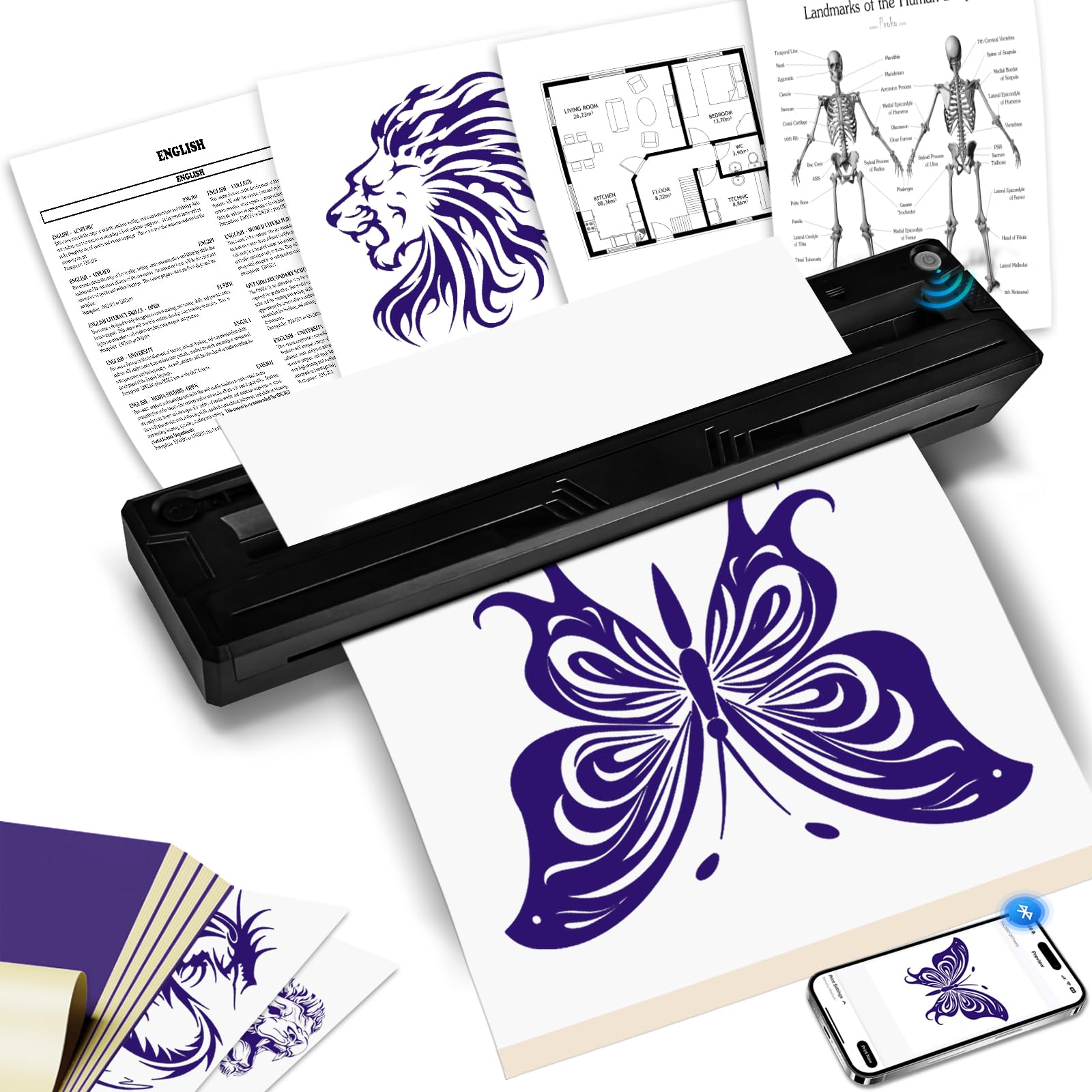 Thermocopieur Tatouage Bluetooth, Imprimante Thermique Stencil Transfert Machine à tatouer avec 10pcs Papier Stencil Transfert Tatouage+Papier Thermique A4 pour débutants et Artistes