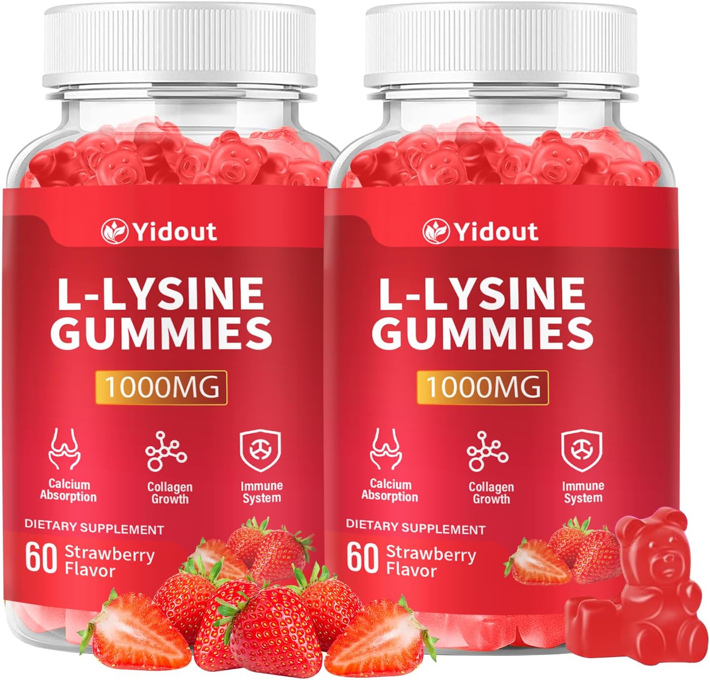 L-Lysine 1000mg Gummies for Immune Support & Skin Health -Chewable Lysine Supplement for Adults, Sugar-Free, Natural Strawberry Flavor, Gluten-Free (60 Count（Pack of 2）)