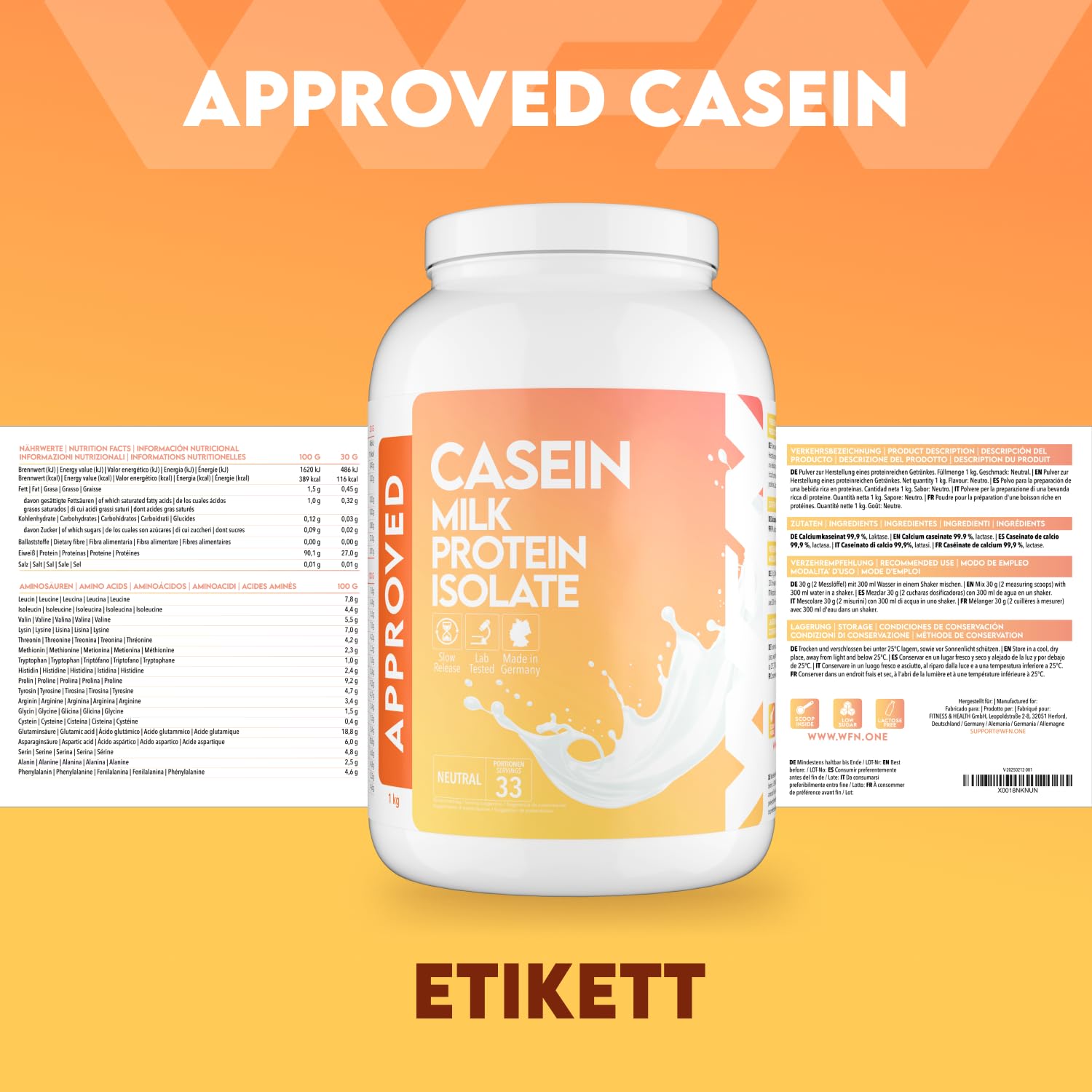 WFN Approved Casein - Casein Proteinpulver - Neutral & Ohne Süßungsmittel - 1 kg - Cremiger Casein Shake - Sehr gut lösliches Kasein Pulver - 33 Portionen - Made in Germany - Extern laborgeprüft