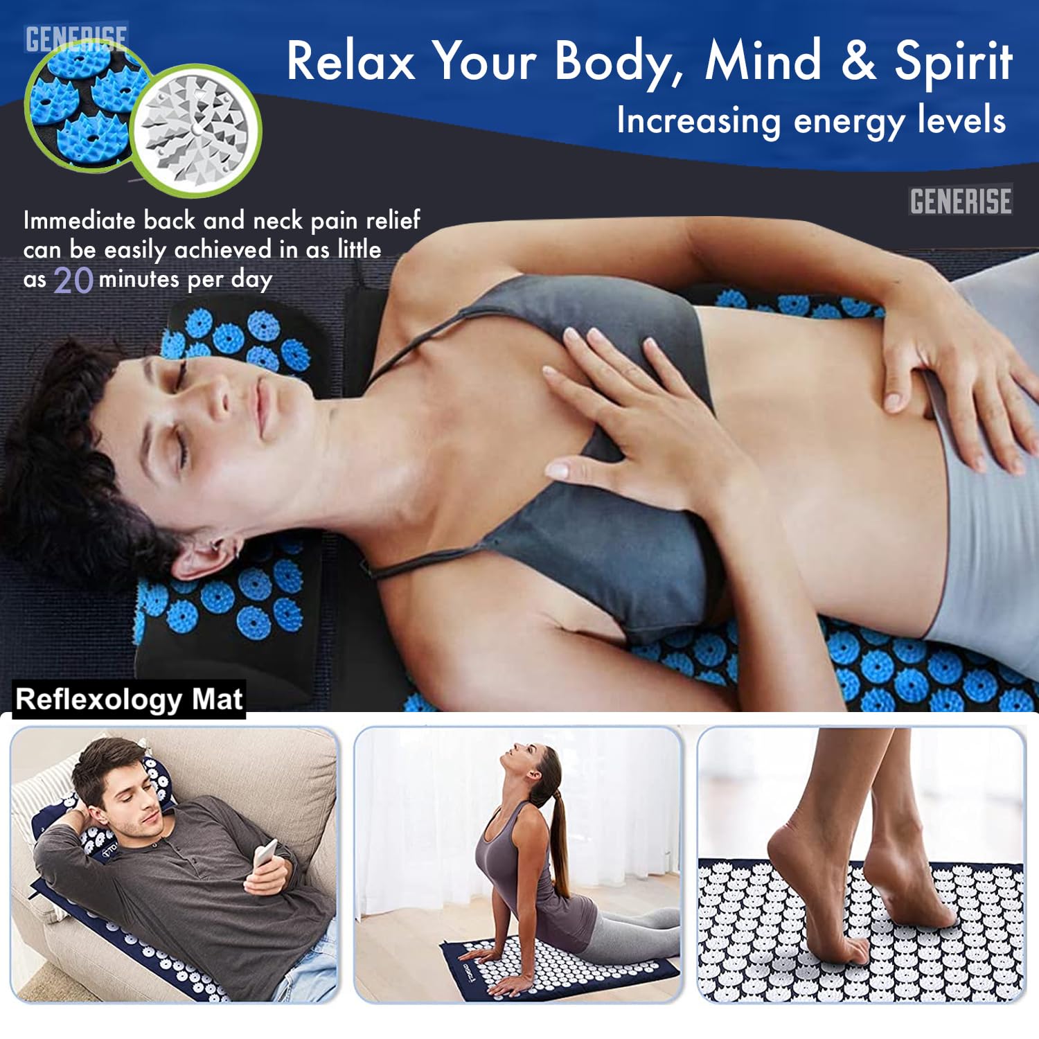 Generise Tapis d'acupression et oreiller pour homme et femme – Soulagement des douleurs dorsales, cervicales et musculaires – Comprend un sac de voyage avec sangle réglable (noir avec pointes bleues)