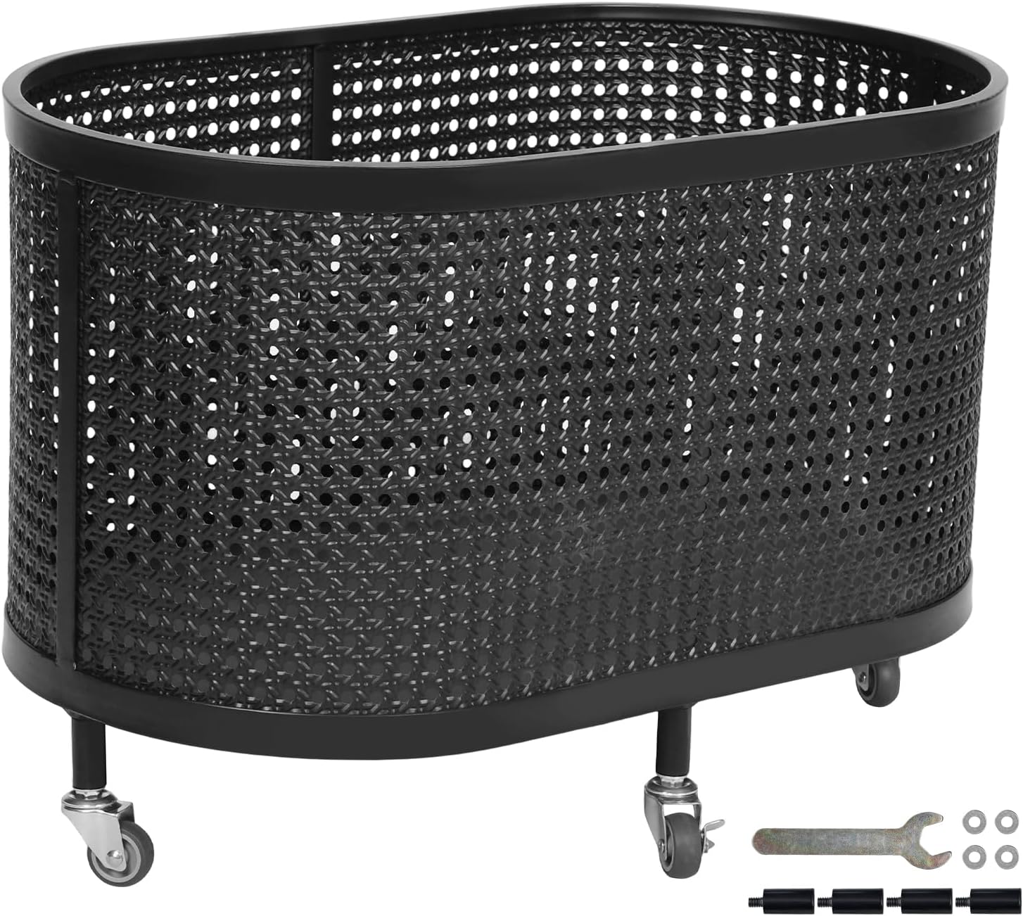 Wheeled Hotel Laundry Hamper with Wheels Mobile Iron Clothes Basket Oval Overnight Clothes Storage Bin for Laundry Room (Black)
