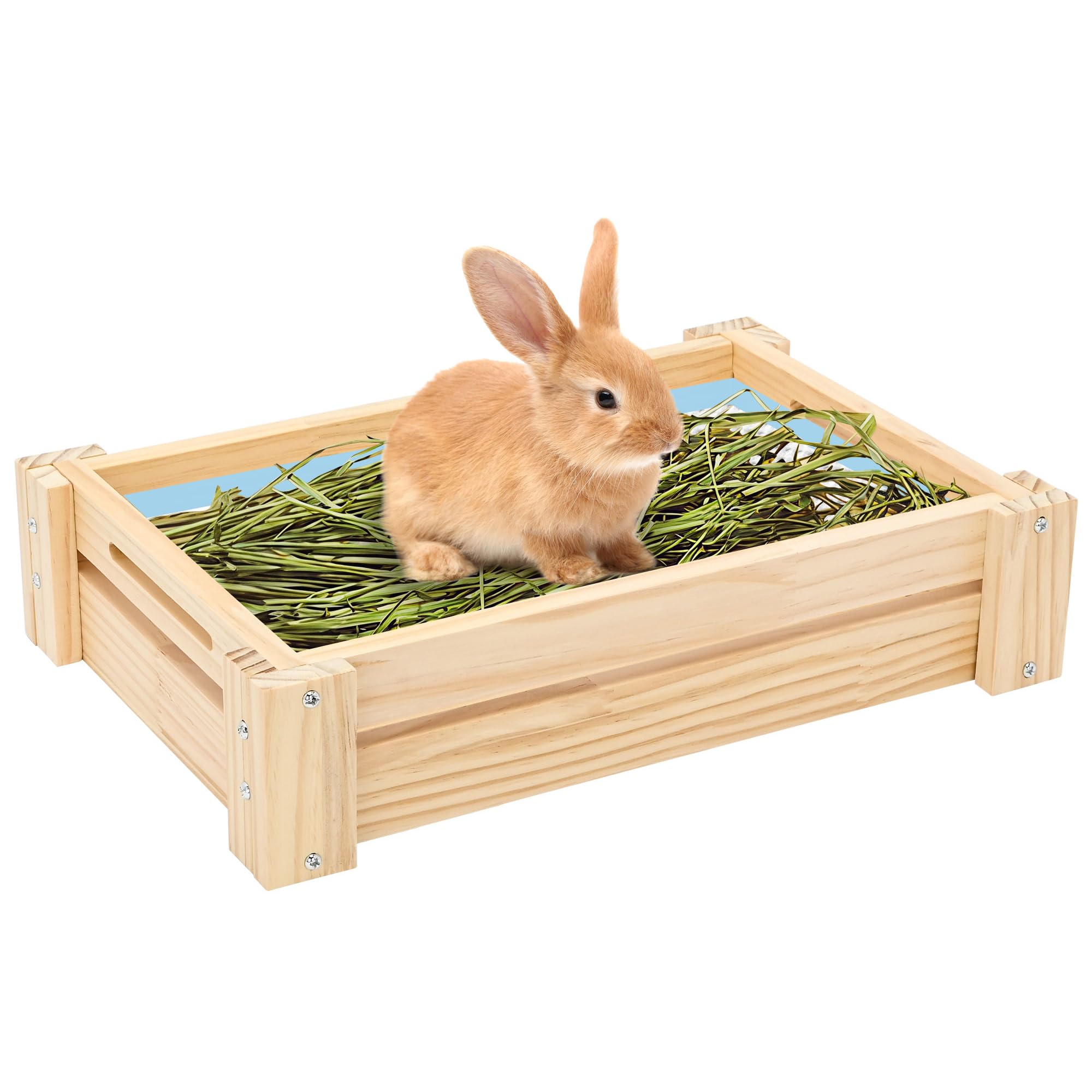 ohbien うさぎ牧草入れ 餌入れ チモシー入れ 木製 組み立て式 牧草フィーダー 小動物 モルモット チンチラ フェレッド フード 食器 多機能 36×24×8cm