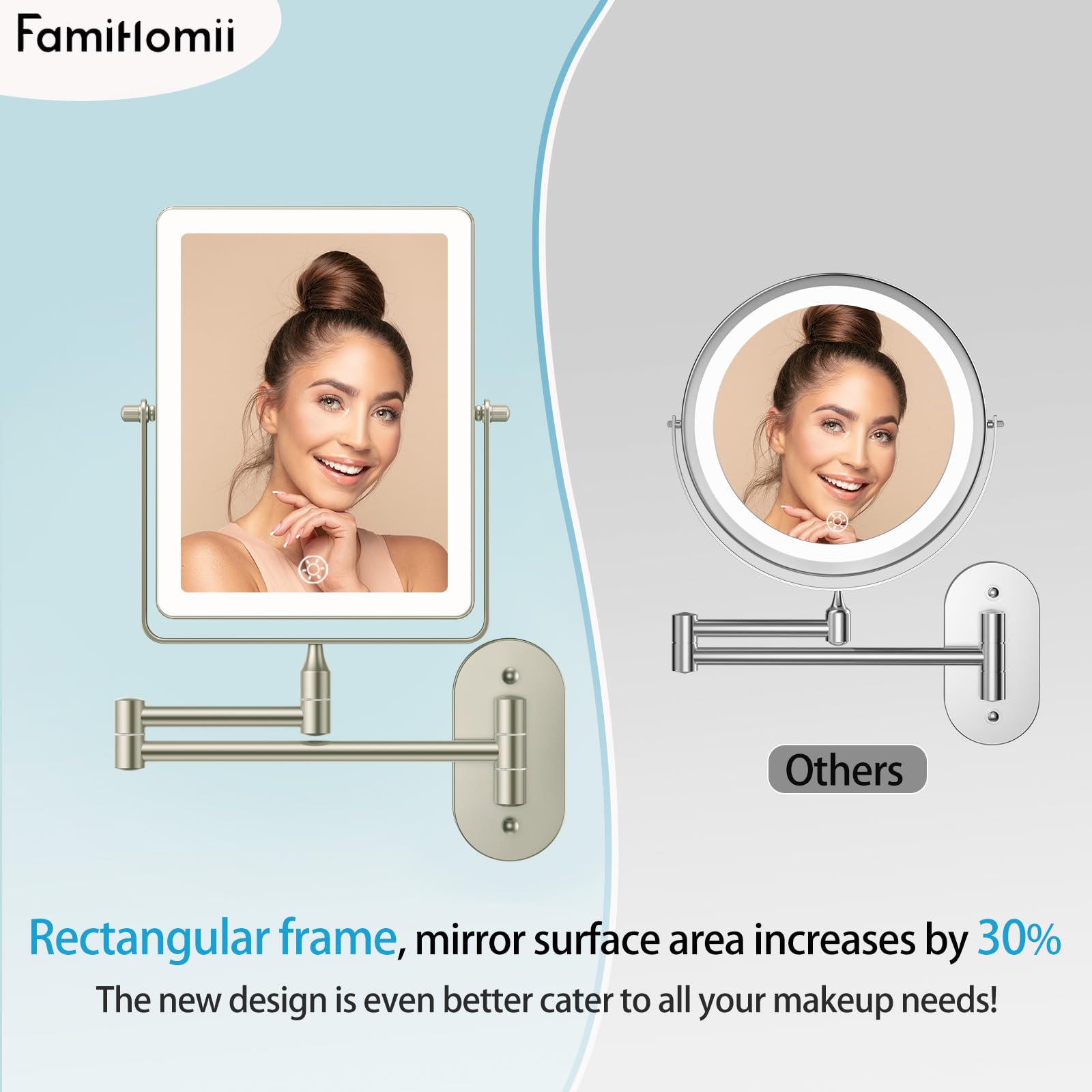 Specchio Da Trucco LED Famihomii Ricaricabile - 1X/10X Ingrandimento, Touch, Orientabile A Parete - Foto 12