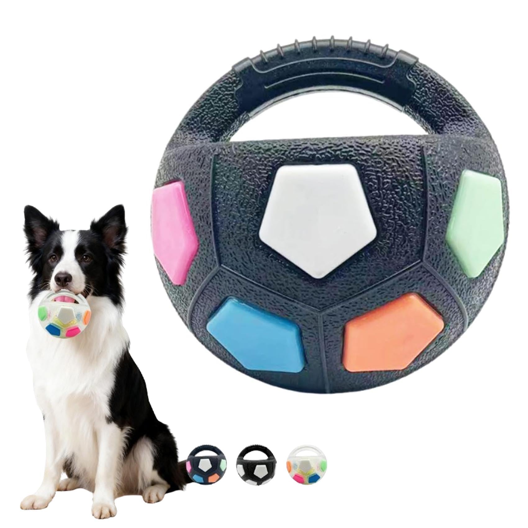 The Mellow Dog Calming Ball with Handle, Treat Dispensing & Lick Ball with Squeaker, Interactive Football Shape Dog Toy, Floating Toss and Fetch Toy for Small Medium Large Dogs (Black-A)