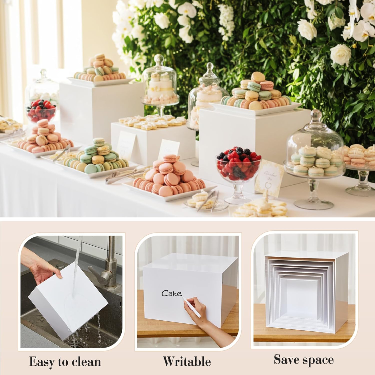 Leinuosen 7 Pcs Extra Large Buffet Risers Set 8" to 14" Acrylic Display Box Square Catering Dessert Table Riser Food Display Decorative Stand with Hollow Bottom for Catering Supplies(White)