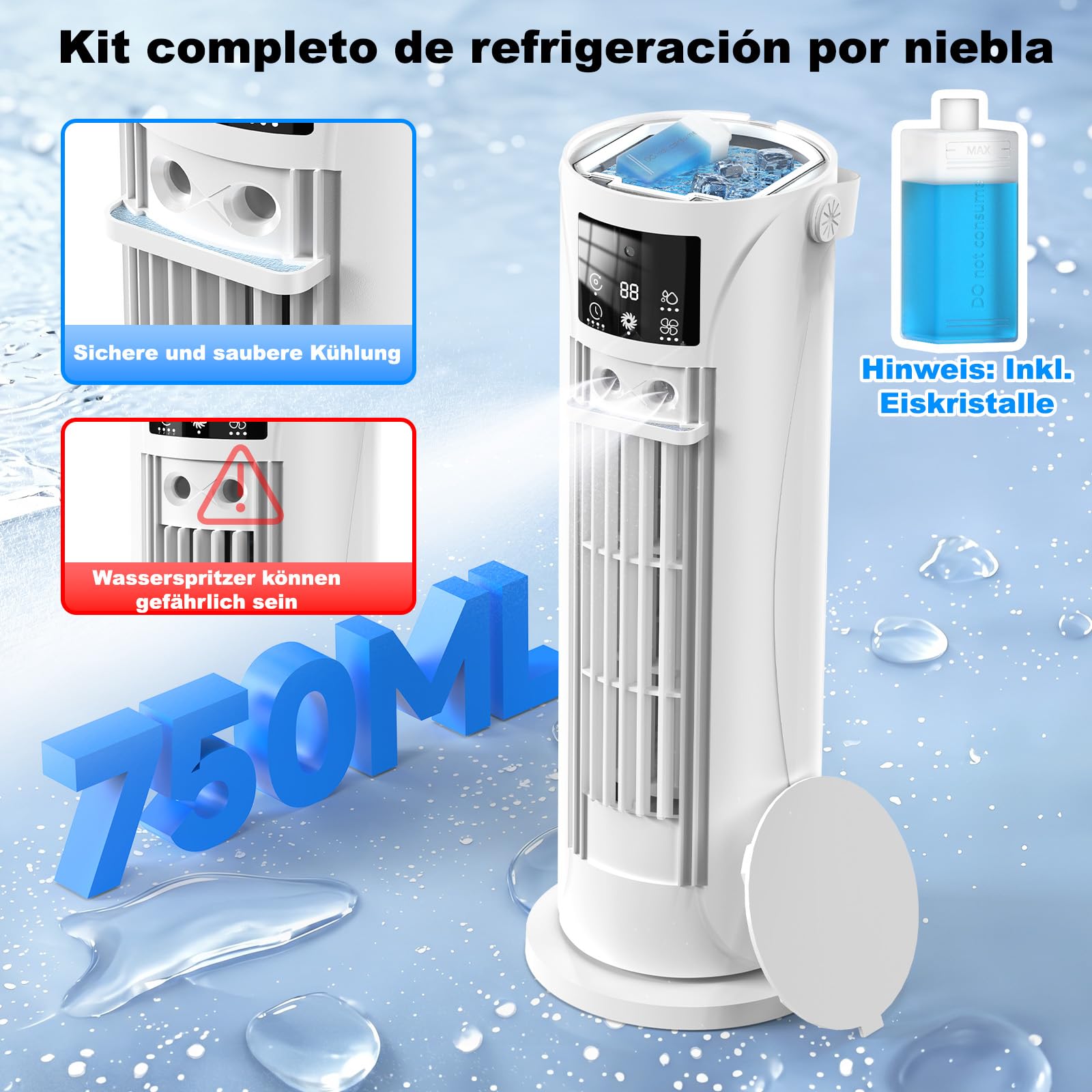 Mobile Klimaanlage Mini mit Kühl- und Befeuchtungsfunktion, Wassernebel-Technologie, 4 Timer-Stufen, 120° schwenkbarer Luftauslass, Weiß