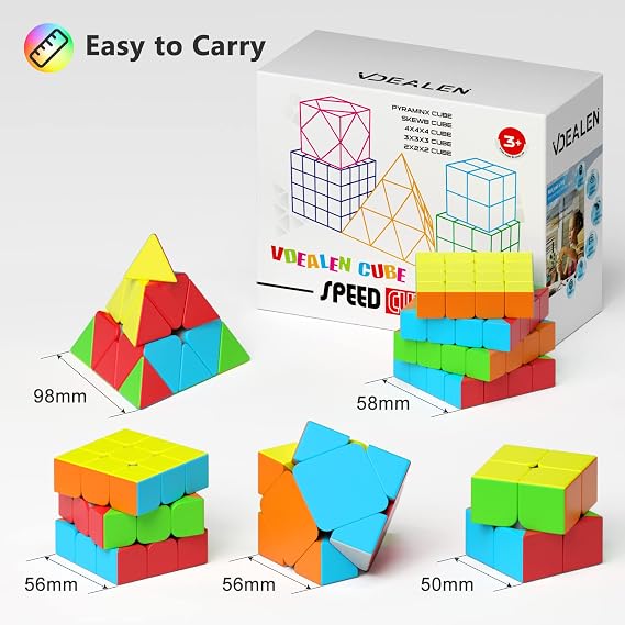 Vdealen Speed Cube Set, Magic Cube Pack of 2x2 3x3 4x4 Pyramid Skewb Stickerless Puzzle Cube Bundle, Christmas Birthday Party Toy Gifts for Kids Teens Adults (5 Pack)