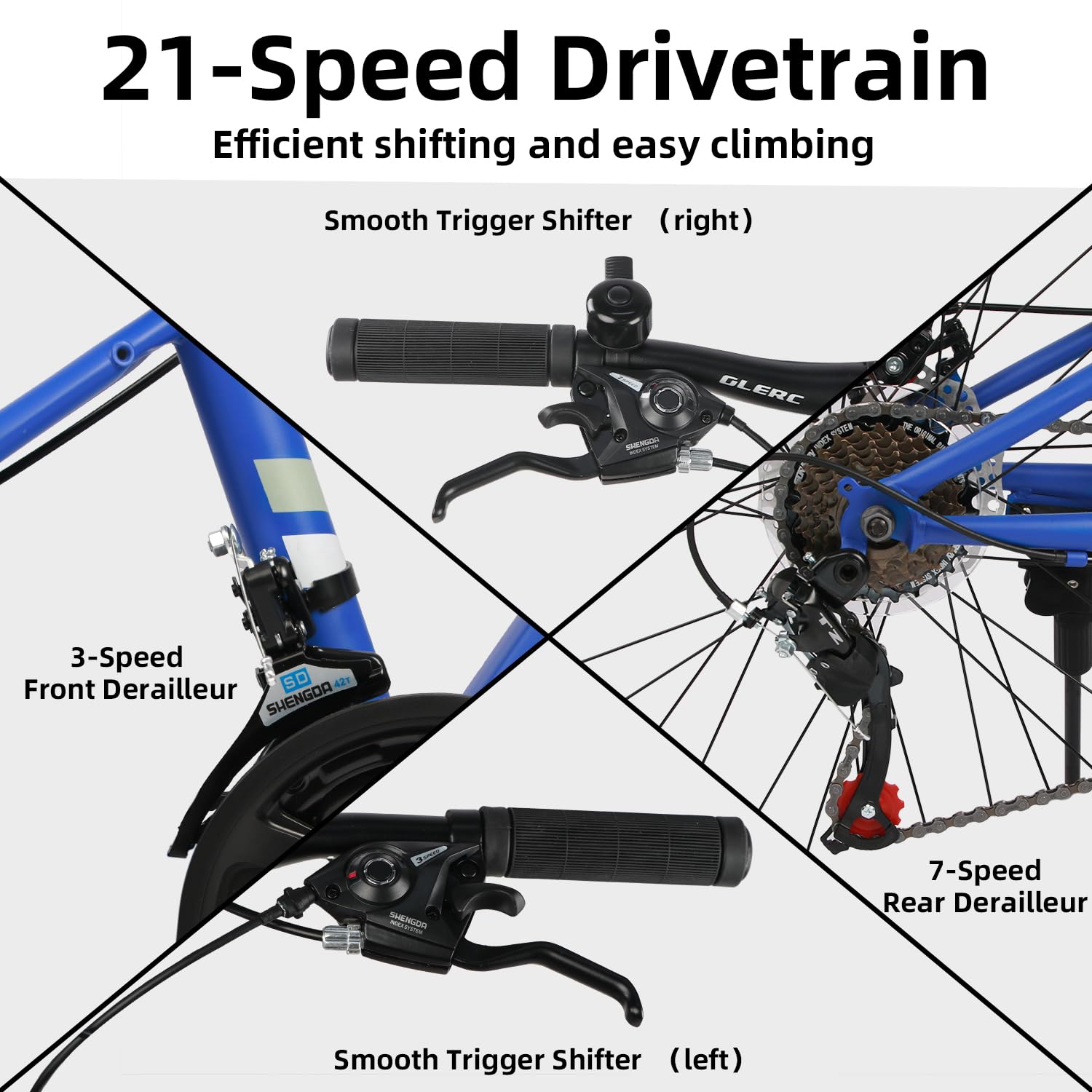 Glerc Skyline VTT 20 Pouces – 21 Vitesses, Suspension Avant, Freins à Disque, Pour Enfants De 6 à 12 Ans, Bleu