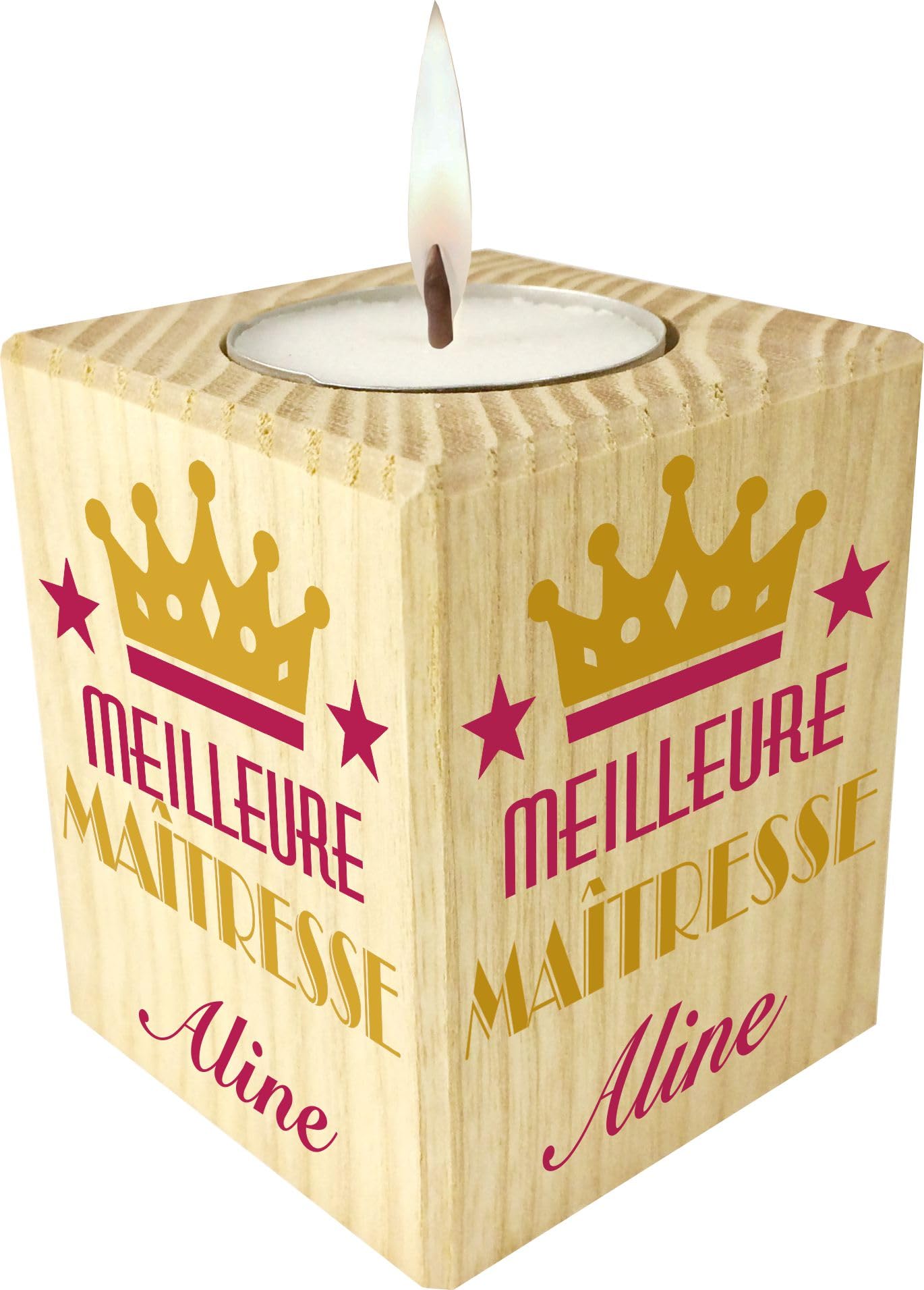 Bougie personnalisée Cadeau Maîtresse d'école en Bois avec Prénom pour Institutrice