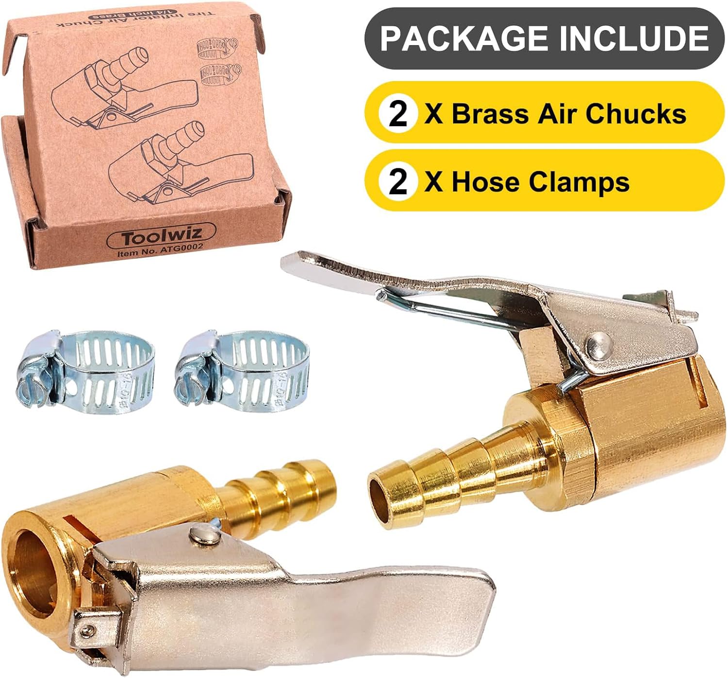 Toolwiz Lock on Air Chuck Inflate Locking with Clip, 1/4 Inch Brass Portable Tire Inflator Nozzle Presta Valve Adapter Tire Chucks Air Compressor Attatchments Hose End with Barb Connector,2pcs