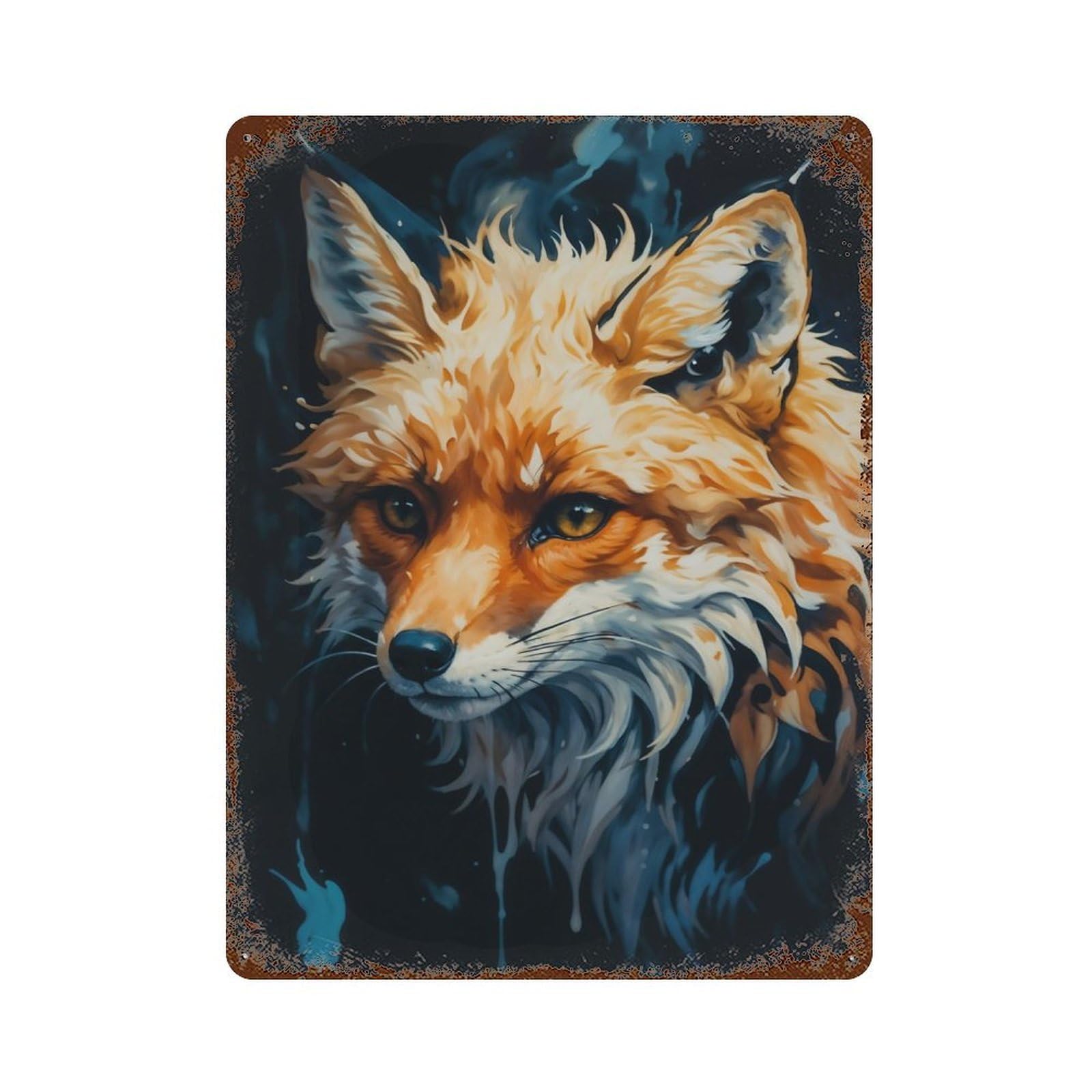 Rust Effect The Red Fox Rustic Tin Plaque 15.7"x11.8", Decorative Metal Wall Art for Farmhouse, Kitchen And Entryway Decor