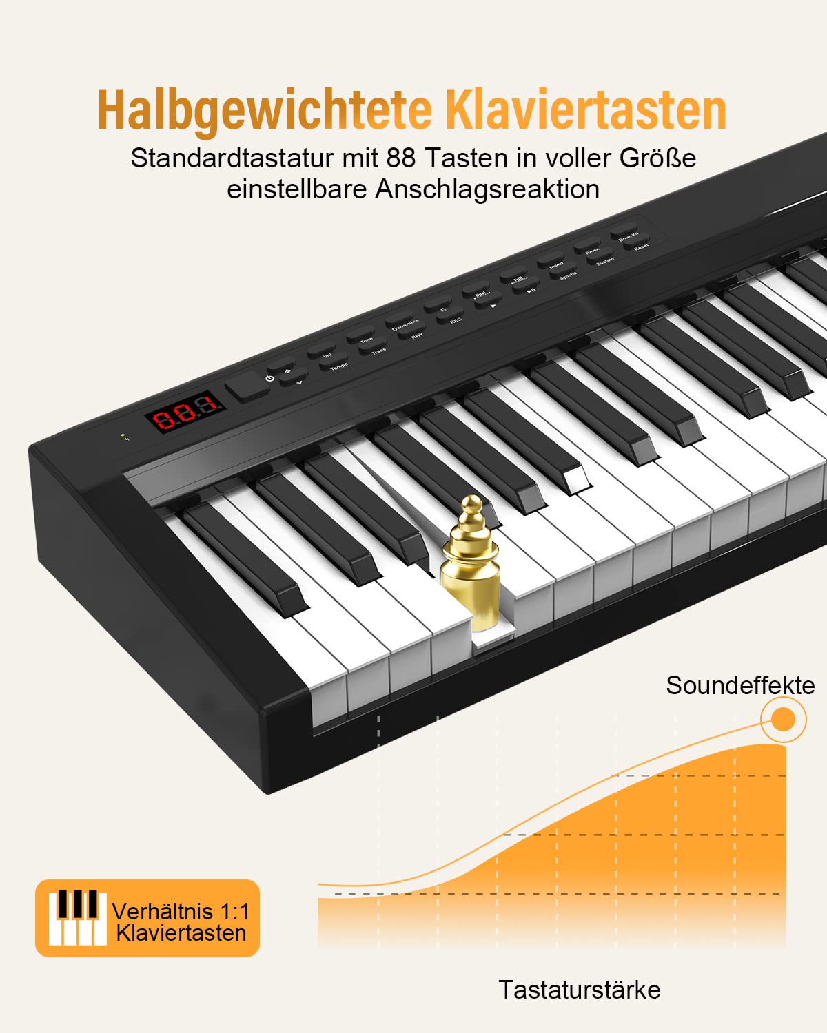 Digitalpiano 88 Tasten, Halbgewichtete Tastatur, Bluetooth MIDI, E-Piano mit X-Ständer, Sustain-Pedal, Notenständer und Tragetasche für Anfänger, Kinder und Erwachsene