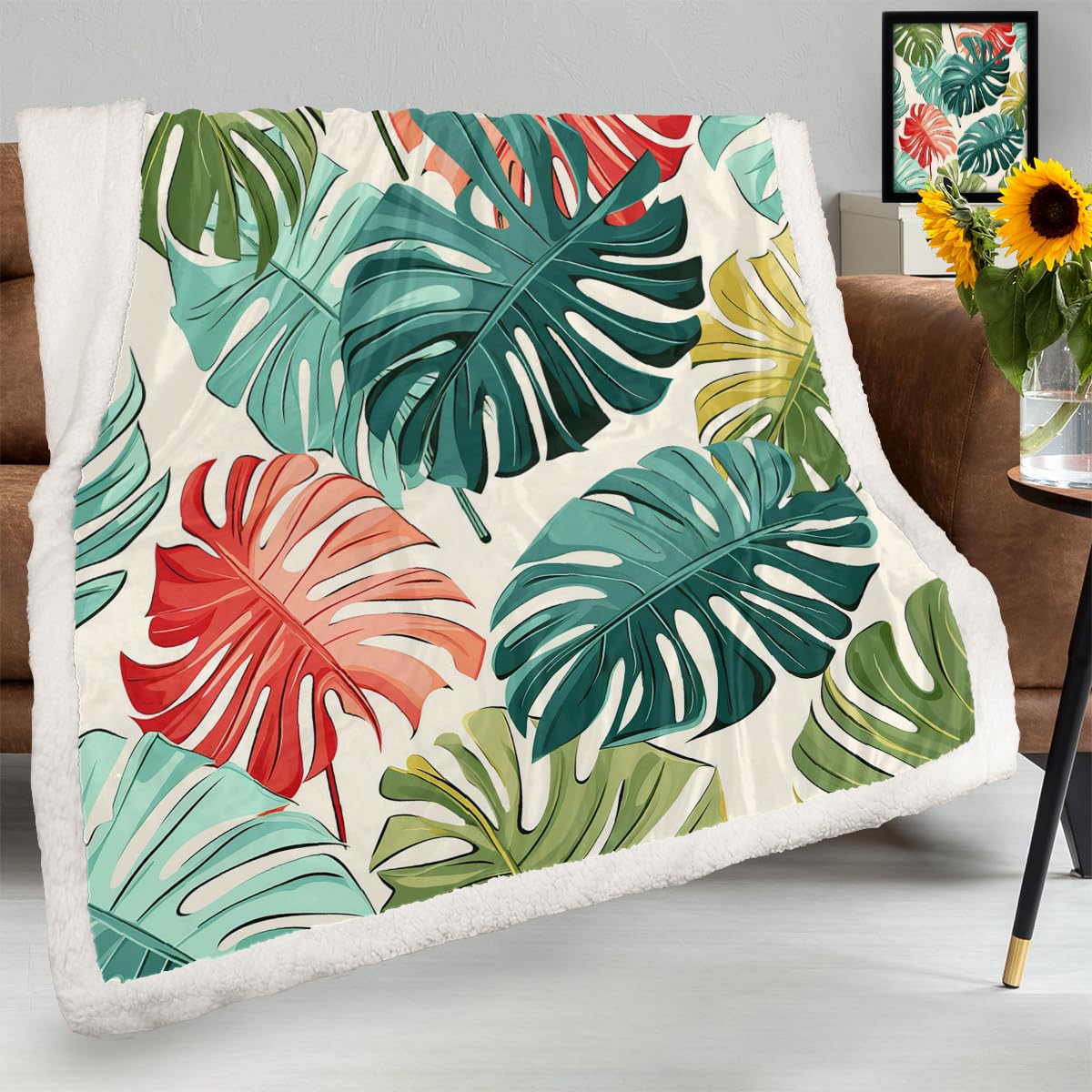 Manta de hojas de palma tropicales para sofá, manta cálida de invierno suave de lana de cordero para niños, mujeres y hombres
