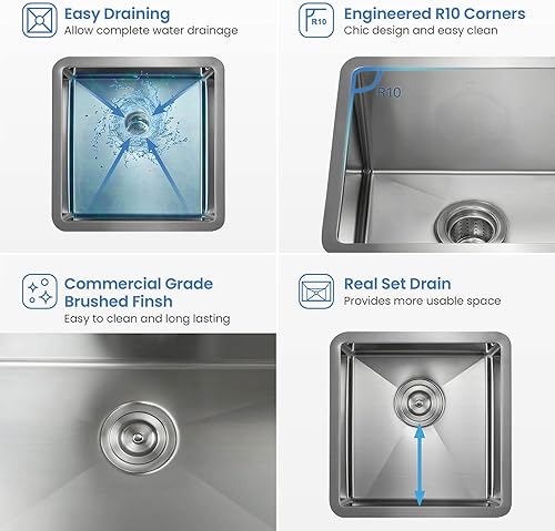 Miniatura 7 de KIBI Fregadero de cocina hecho a mano con estación de trabajo de 16 pulgadas con rejilla inferior y colador, fregadero de acero inoxidable de un