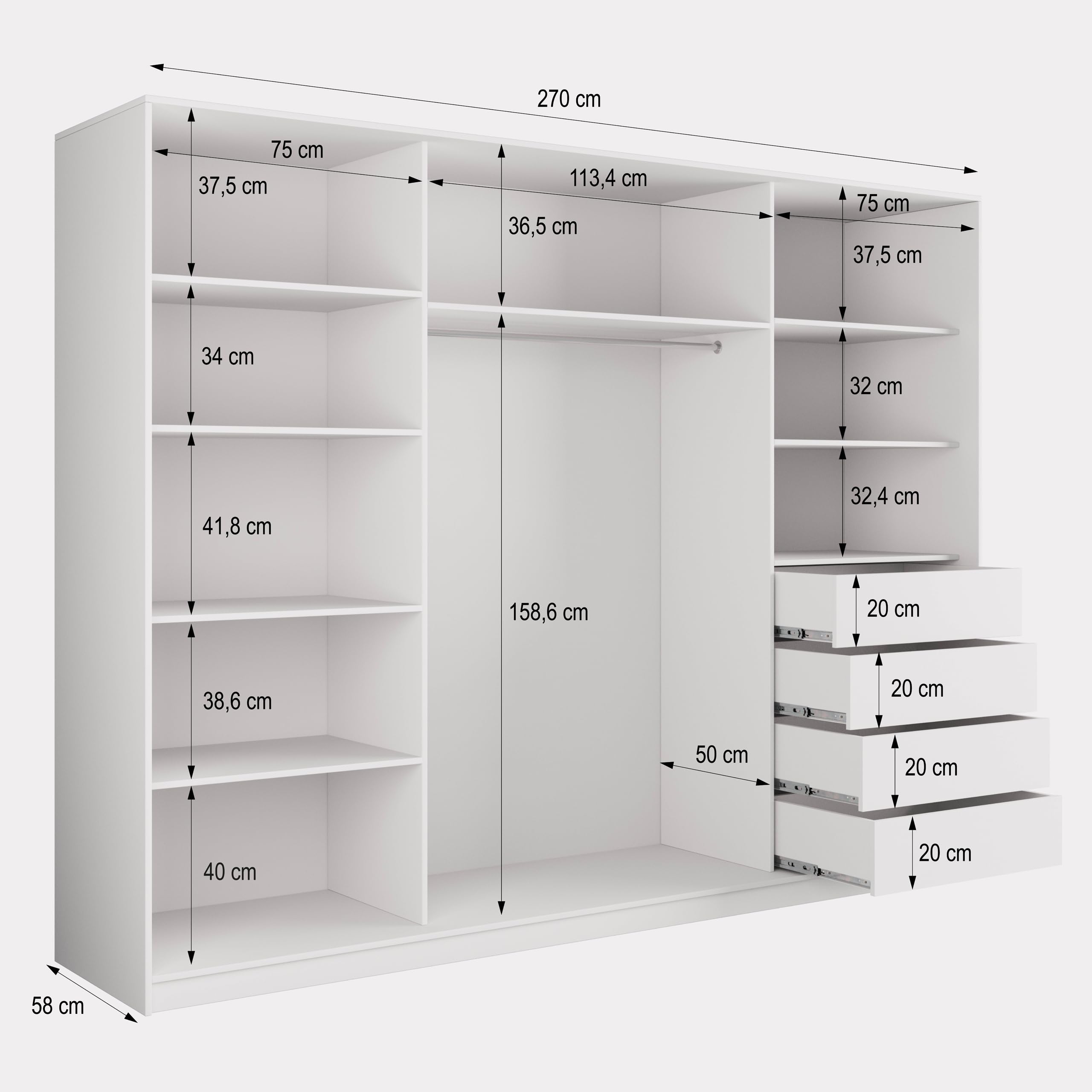 Masseno Schwebetürenschrank TARI 270/205/58 cm Kleiderschrank mit 4 Schubladen Schlafzimmer Schiebetürenschrank 3-türig mit Spiegel Weiß