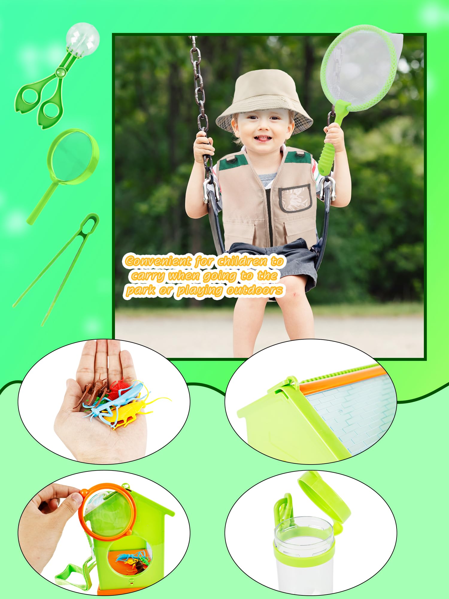 Flotory 17 Pcs Kids Explorer Costume Set Include 1 Adventure Vest 14 Bug Hunting Tools Kit1 Hat 1 Green Binoculars for Boys Girls Outdoor Educational Jungle Safari - Image 4