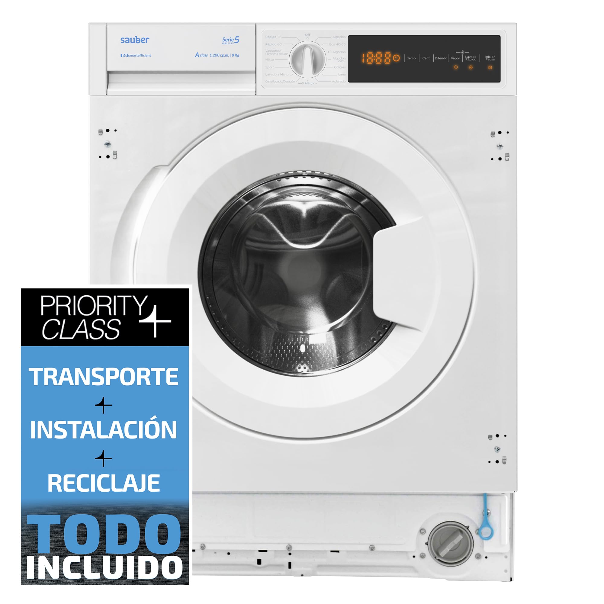 Sauber - Lavadora de carga frontal PANELABLE- MOTOR INVERTER SERIE 5-BI81123-8 kg - 1200 RPM - A - Programa Extra Rápido 15 minutos - Media Carga Avanzada - INSTALACIÓN INCLUIDA