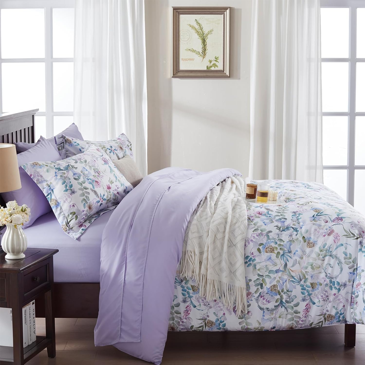 Purple Queen Comforter Set 3 Piece,All Season Ultra Soft Lightweight Down Alternative Reversible Floral Bedding Set with Comforter,Pillow Shams - Image 3