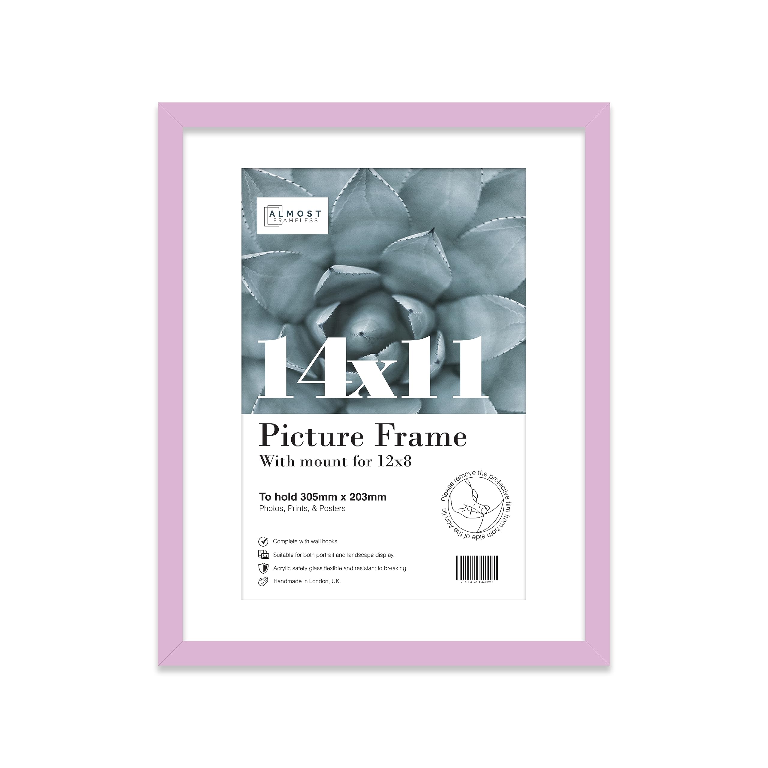 Almost Frameless 14x11 Lilac Picture Frame With Mount for 12x8 Print, Poster or Photo Poster, Photo, Artwork, or Print. Thin Edge Slim Frame Portrait and Landscape Display with Wall Hooks