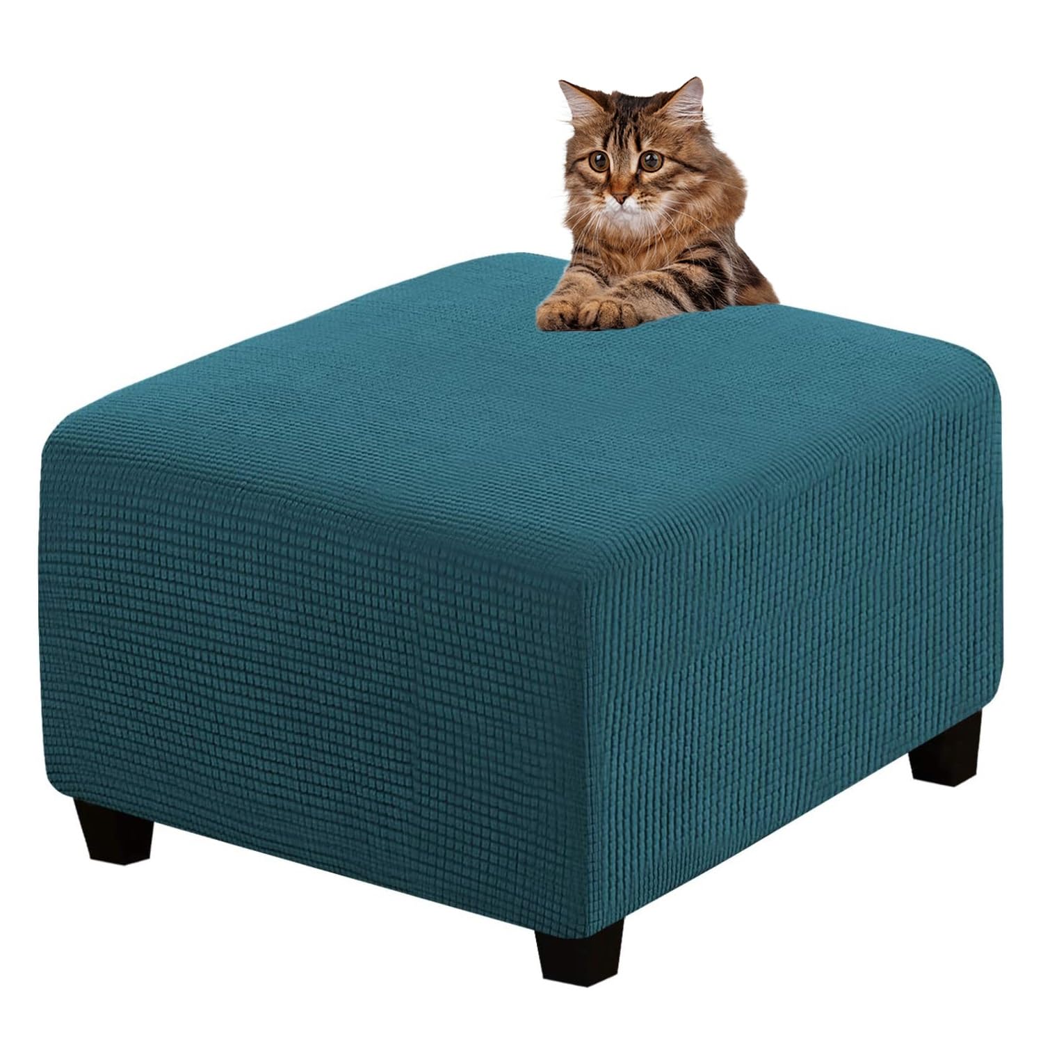 Ottoman Cover Slipcovers Square Fit Length 13"-44" Footrest, Stool Covers, Ottoman Protector Cover, Footstool Covers with Stretch Thick Checked with Elastic Bottom, Removable Washable(Deep Teal,S(33-4