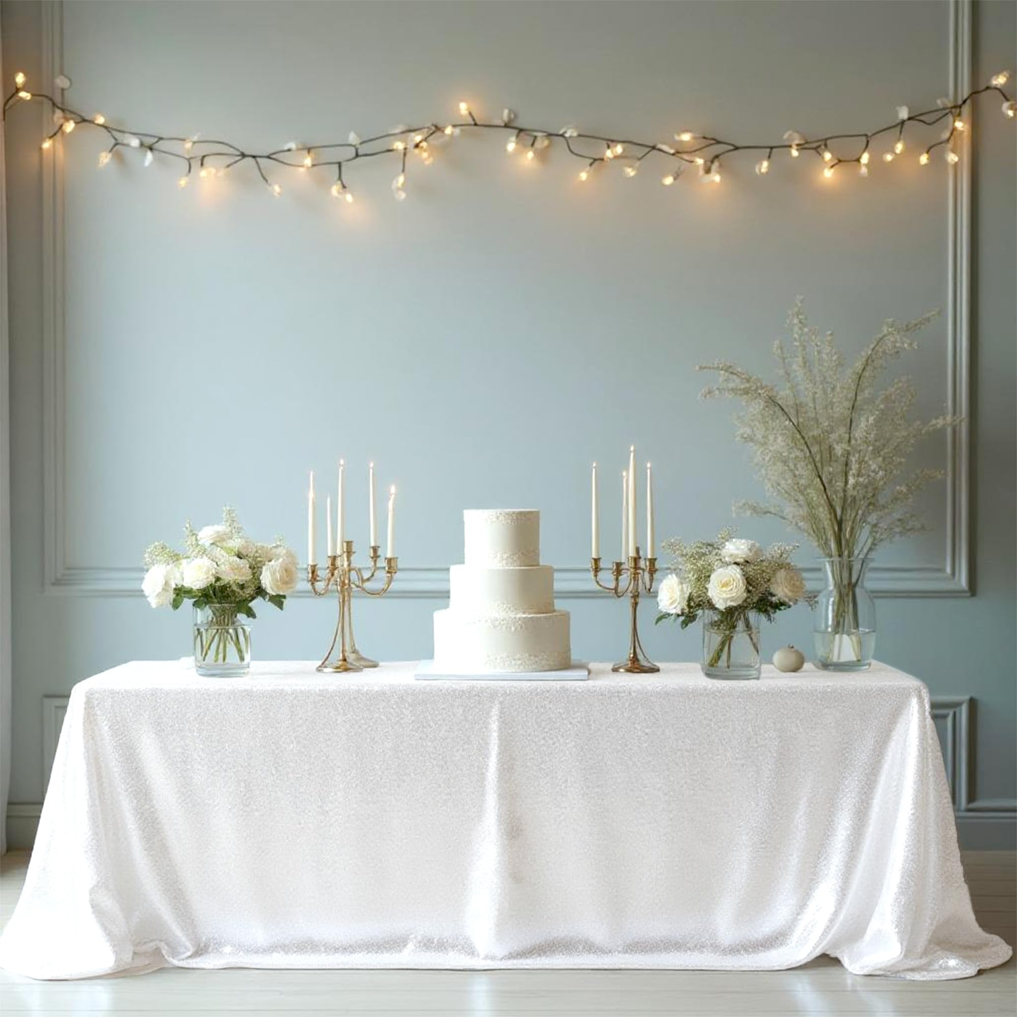 Trimming Shop 10pcs White Sequin Tablecloth 70" x 108" Rectangle Shiny Sequin Sparkly Tablecover for Parties Wedding Reception Banquets Birthday Baby Shower Festival Ceremony Cake Dessert Tablecloth — image 1