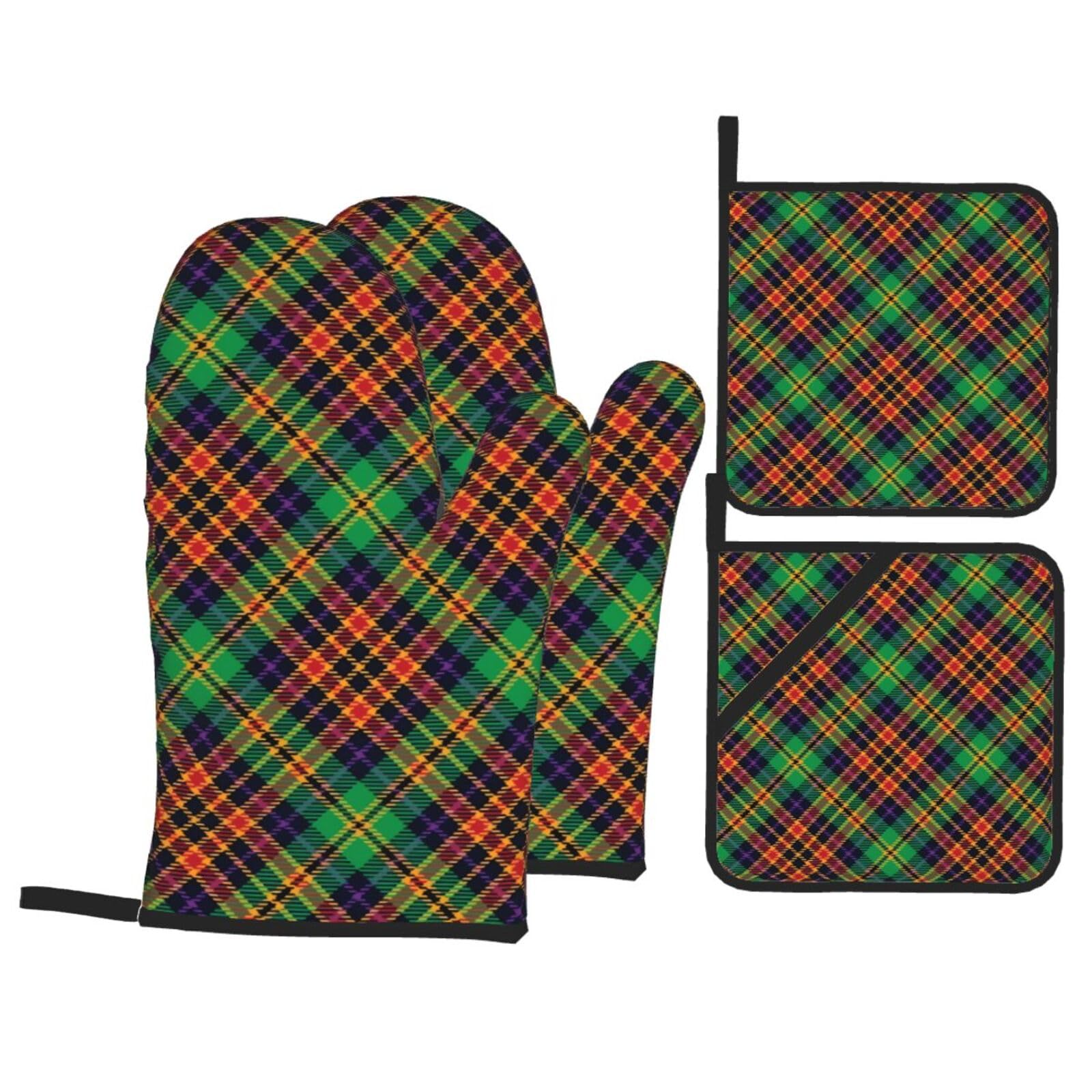 Tartan Heat Resistant Oven Mitts and Pot Holders Set of 4 Protection Utensil Pocket for Grilling Baking Cooking