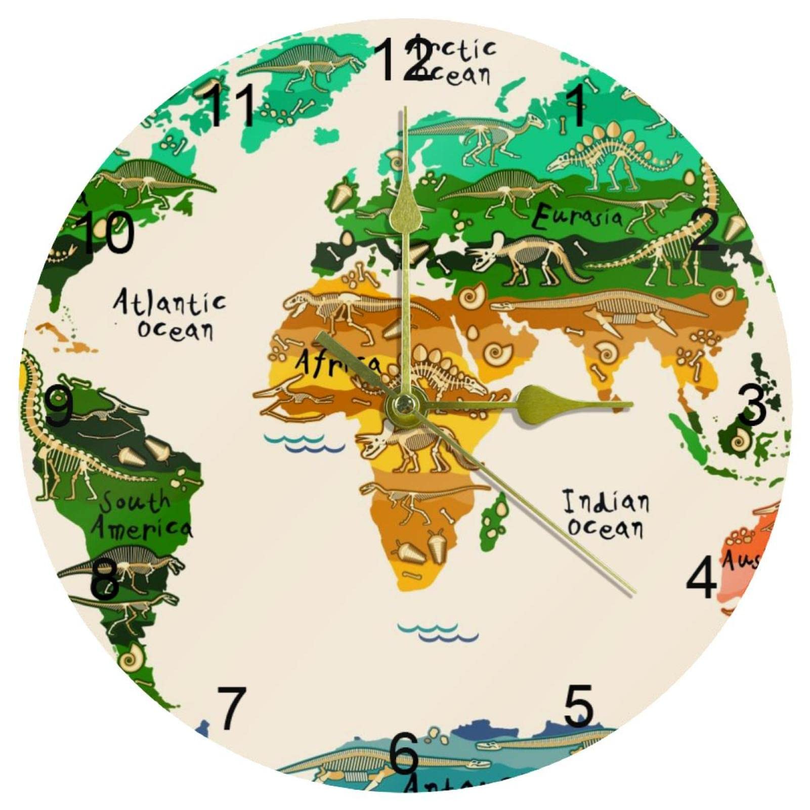 Horloge murale facile à lire de 25,4 cm avec grands chiffres arabes et motif carte du monde