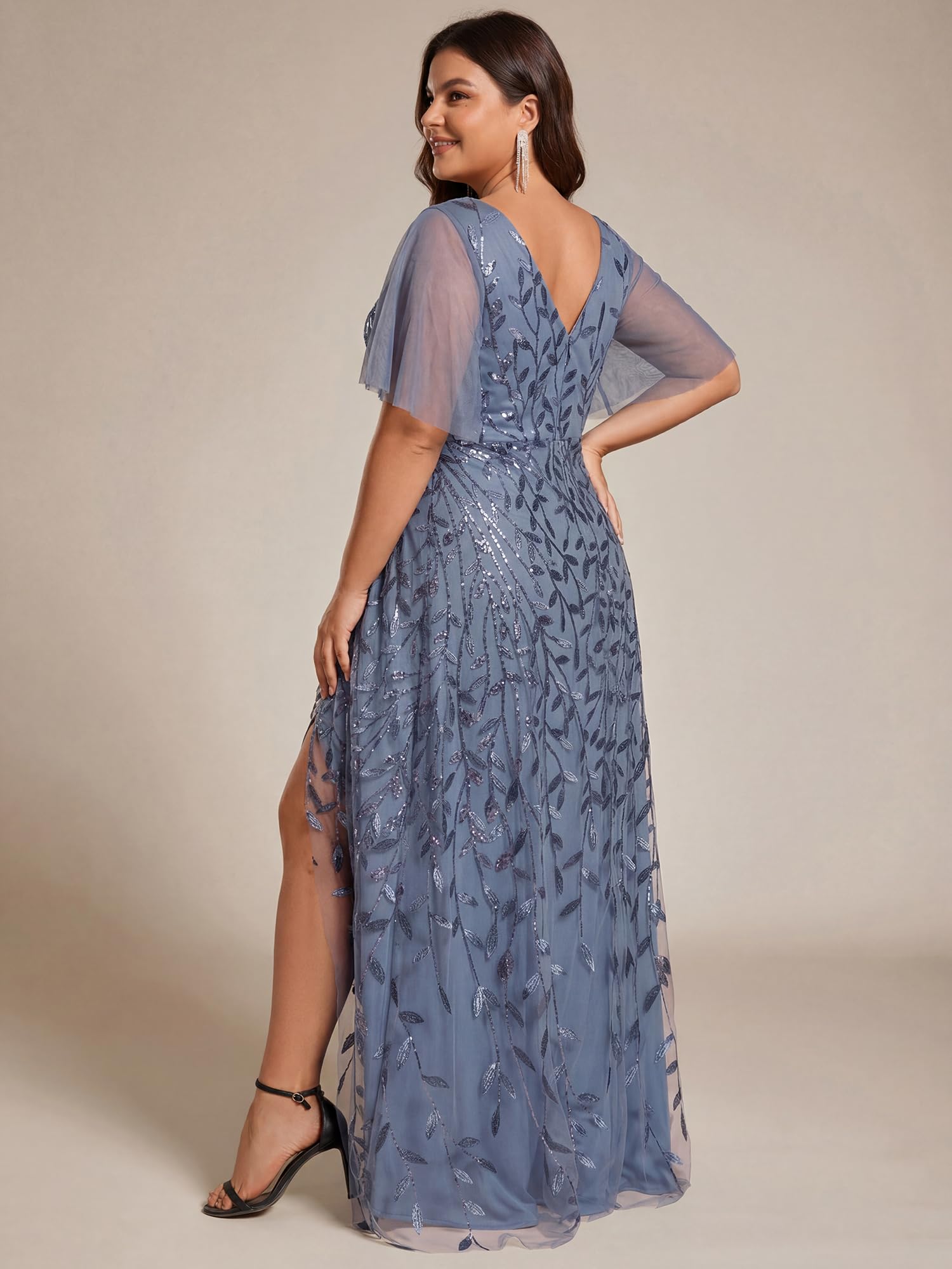 Ever-Pretty Abito da sera formale da donna con paillettes ricamate a fessura alta e bassa linea taglie forti 2083-DA