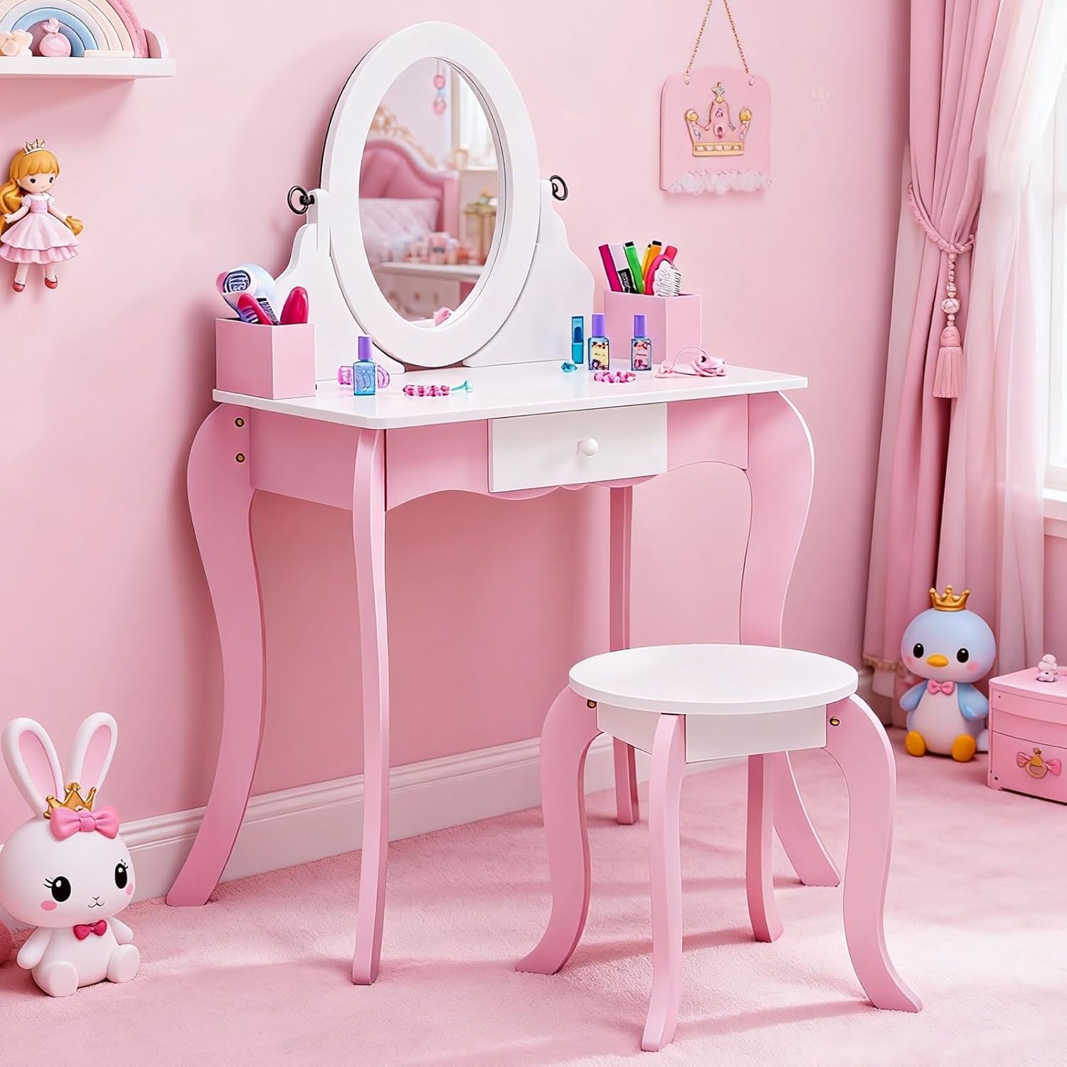 Kids Vanity Set with Stool, Wooden Makeup Dresser Table with Mirror, Flower Fairy Design with Storage Drawer, Safety Anti-Tip for Girls Age 3 and Up