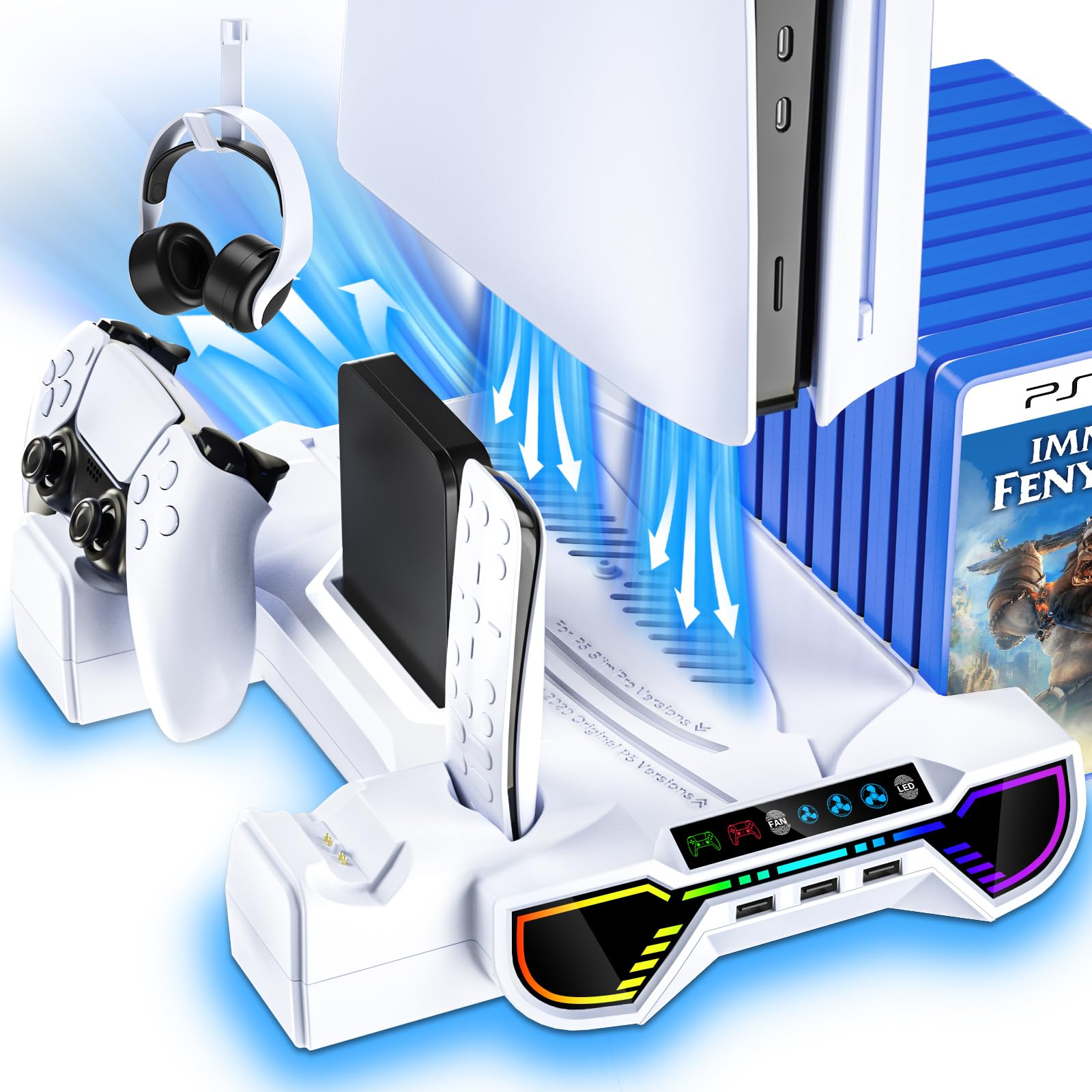 ZRZLMVP PS5/PS5 Slim/PS5 Pro - Station de charge avec lumière RVB pour console PlayStation 5, accessoires PS5 avec station de refroidissement PS5, ventilateur, support pour casque, 3 hubs USB - Blanc
