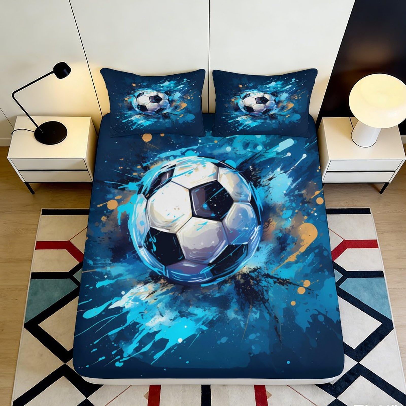 3D Printed Soccer Splash Fitted Sheet Microfiber Non Slip Blue Football Bed Cover for Bedroom Guest Room Dorm 140x200x25cm