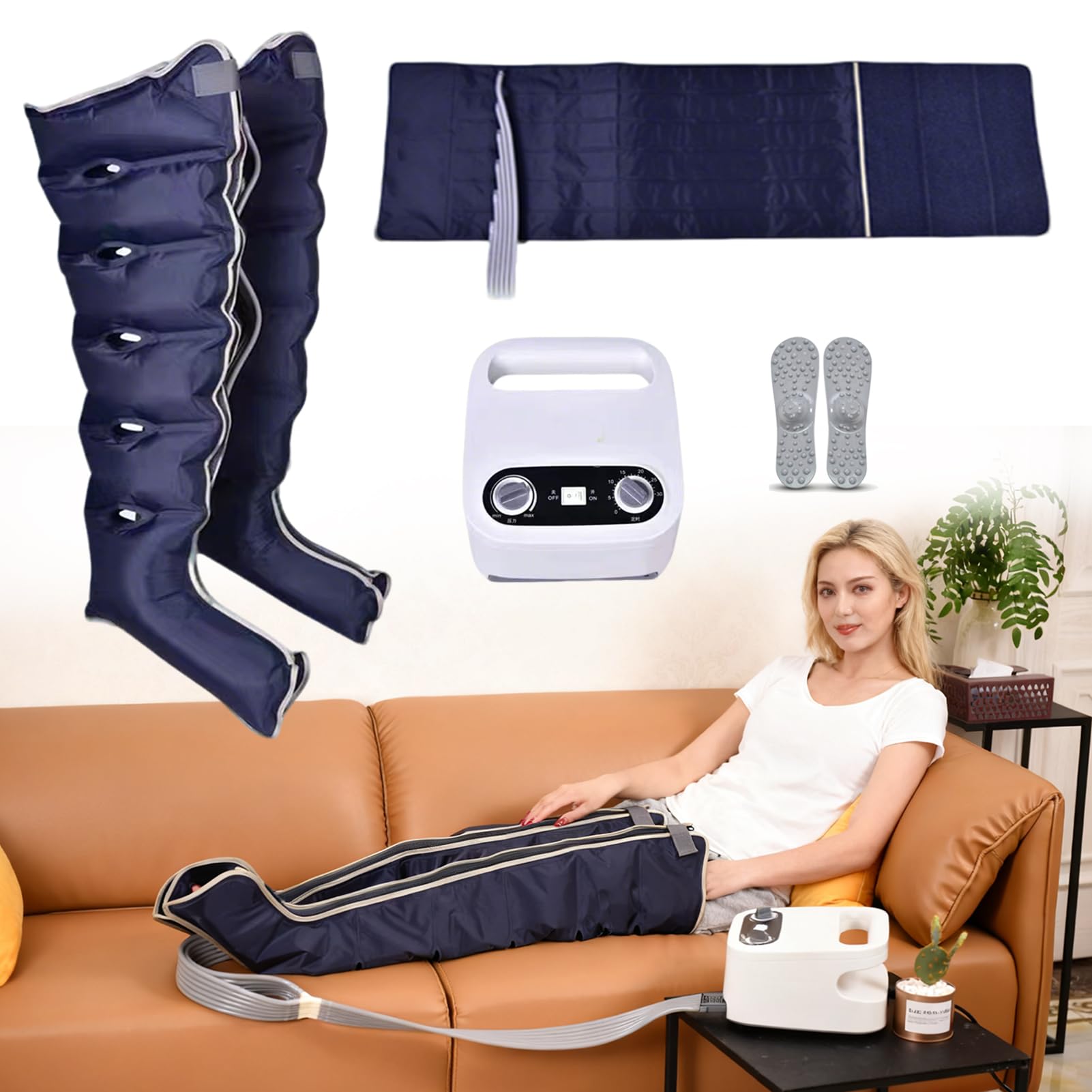 Buty do presoterapii limfatycznej z 6 wgłębieniami, elektryczny masażer kompresyjny powietrza, urządzenie do ciśnienia ramion, nóg, talii, stóp, krążenia krwi (niebieski, 2 nogi + talia)