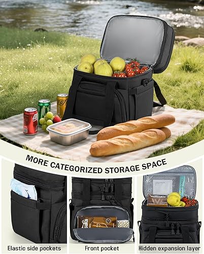 Miniatura 5 de Lonchera grande para hombres y mujeres, bolsa de almuerzo aislada de doble compartimento, bolsa térmica expandible a prueba de fugas con correa